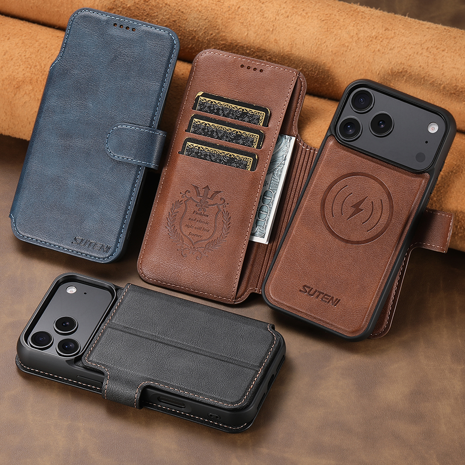 SUTENI Q05 Faux Leather Wireless Charging Card Holder Stand Wallet Magnetic Flip Cover Phone Case For iPhone 17 Pro Max 16 Plus 15 14 13 12