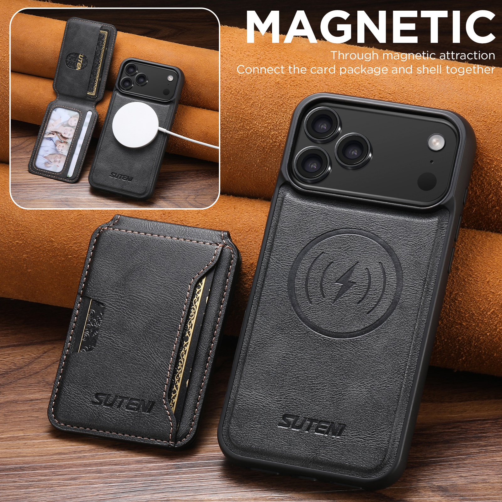 SUTENI M3 Wireless Charging Magnet Faux Leather Phone Case Card Holder Stand Smooth Surface Wallet 2-in-1 For iPhone 17 Pro Max 16 Plus 15 14 13 12
