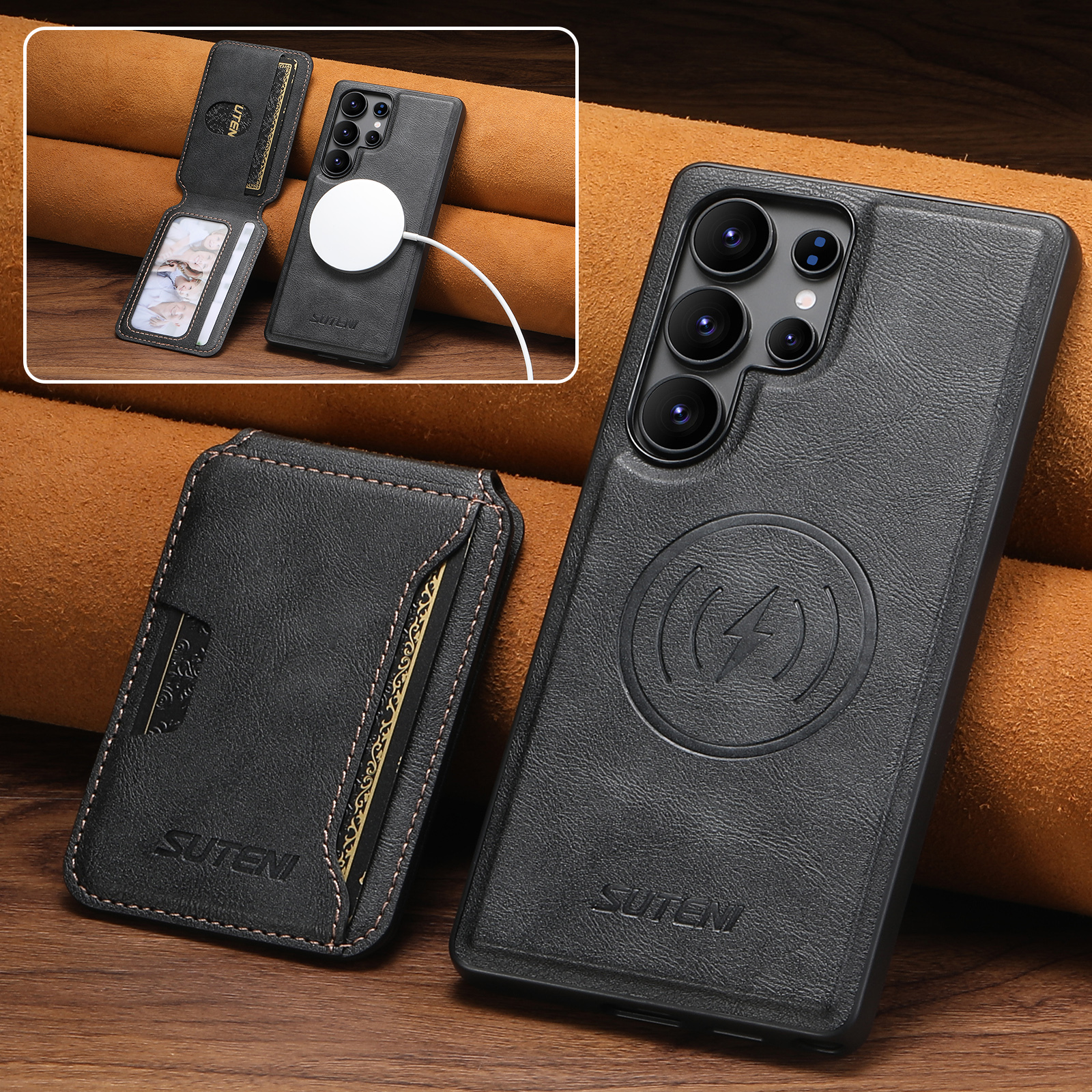 SUTENI M3 Wireless Charging Magnet Faux Leather Phone Case Card Holder Stand Smooth Surface Wallet 2-in-1 For Samsung S25Ultra S24 S23 S22