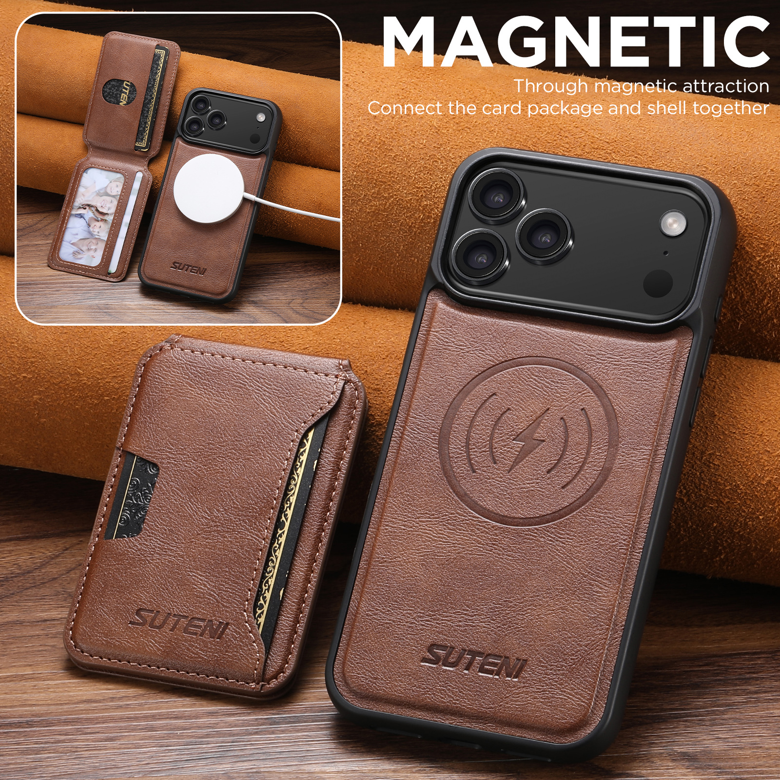 SUTENI M3 Wireless Charging Magnet Faux Leather Phone Case Card Holder Stand Smooth Surface Wallet 2-in-1 For iPhone 17 Pro Max 16 Plus 15 14 13 12
