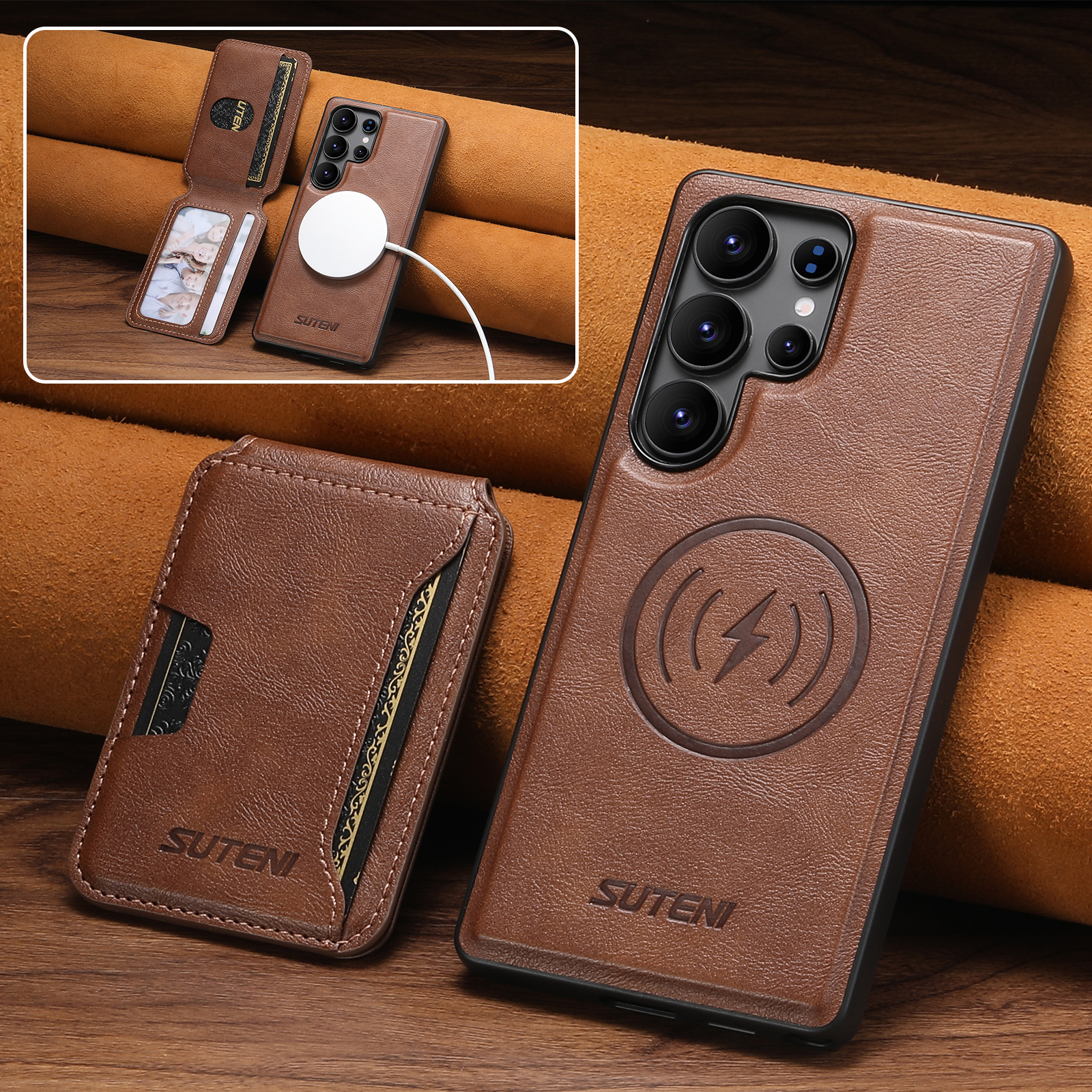 SUTENI M3 Wireless Charging Magnet Faux Leather Phone Case Card Holder Stand Smooth Surface Wallet 2-in-1 For Samsung S25Ultra S24 S23 S22