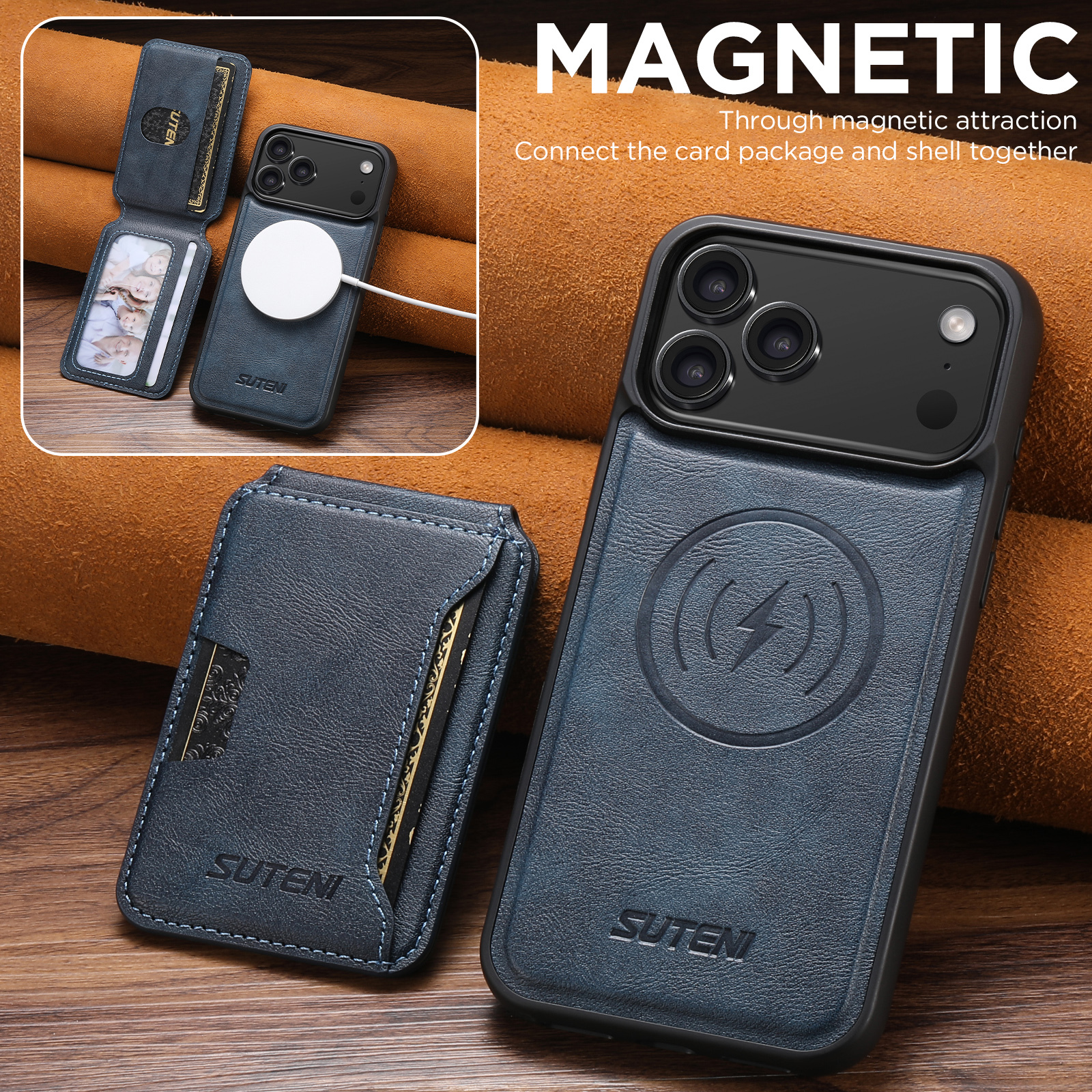 SUTENI M3 Wireless Charging Magnet Faux Leather Phone Case Card Holder Stand Smooth Surface Wallet 2-in-1 For iPhone 17 Pro Max 16 Plus 15 14 13 12