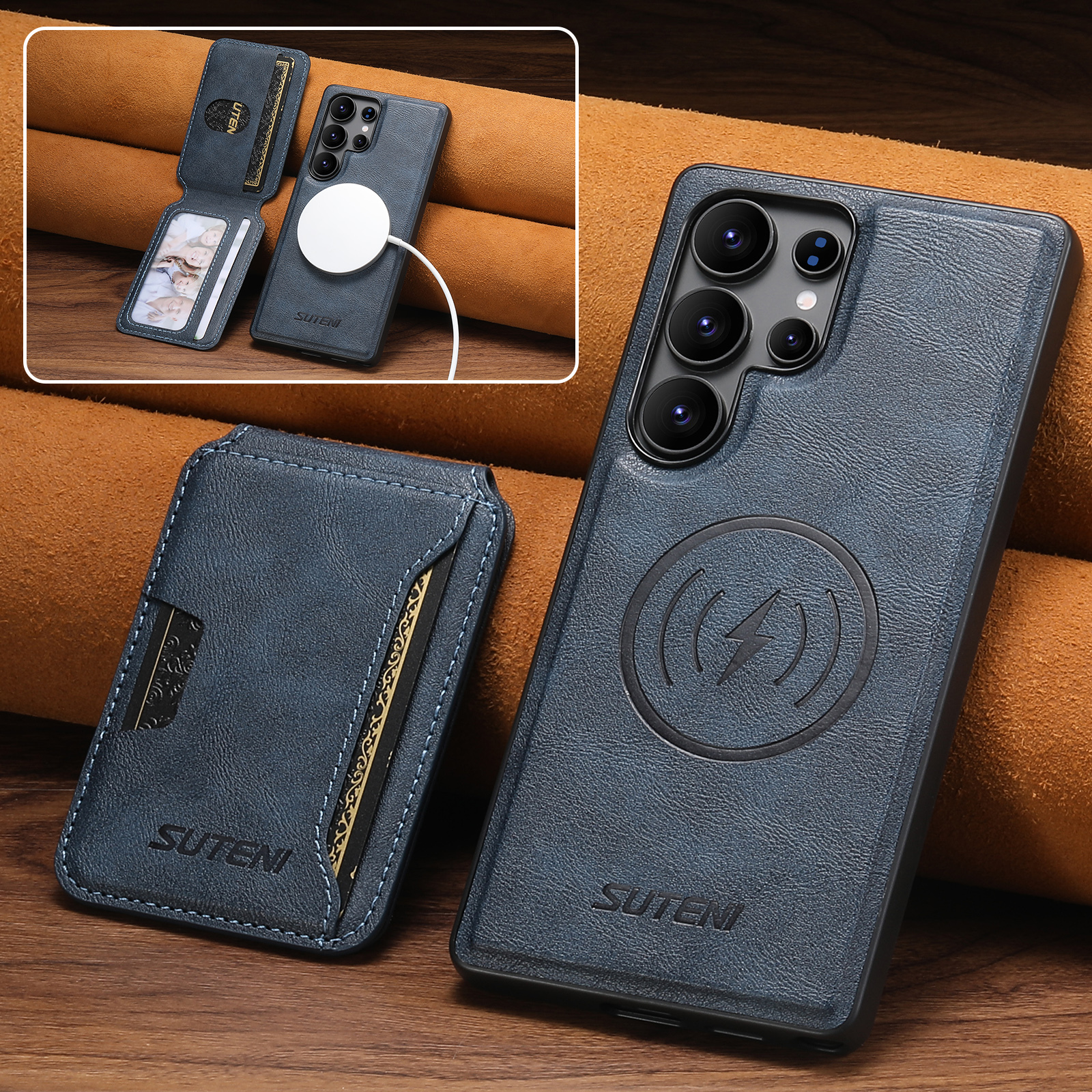 SUTENI M3 Wireless Charging Magnet Faux Leather Phone Case Card Holder Stand Smooth Surface Wallet 2-in-1 For Samsung S26Ultra S25 S24 S23 S22
