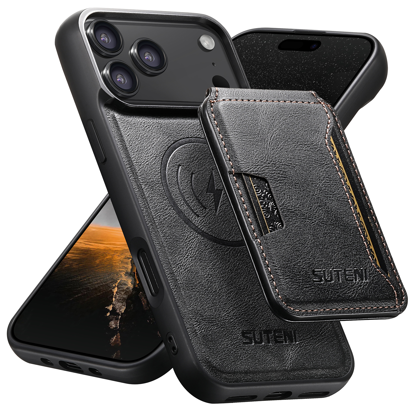 SUTENI M3 Wireless Charging Magnet Faux Leather Phone Case Card Holder Stand Smooth Surface Wallet 2-in-1 For iPhone 17 Pro Max 16 Plus 15 14 13 12