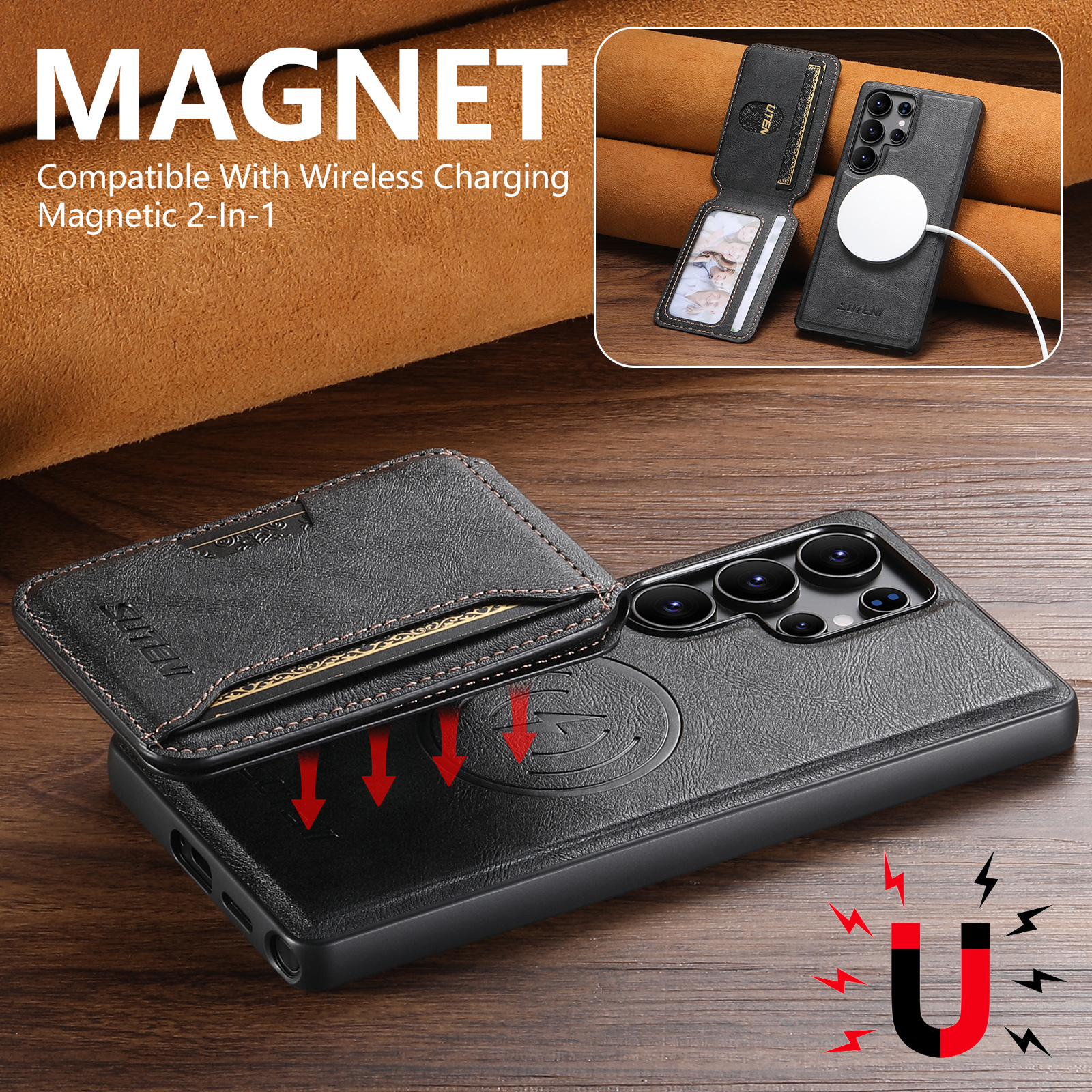 SUTENI M3 Wireless Charging Magnet Faux Leather Phone Case Card Holder Stand Smooth Surface Wallet 2-in-1 For Samsung S25Ultra S24 S23 S22