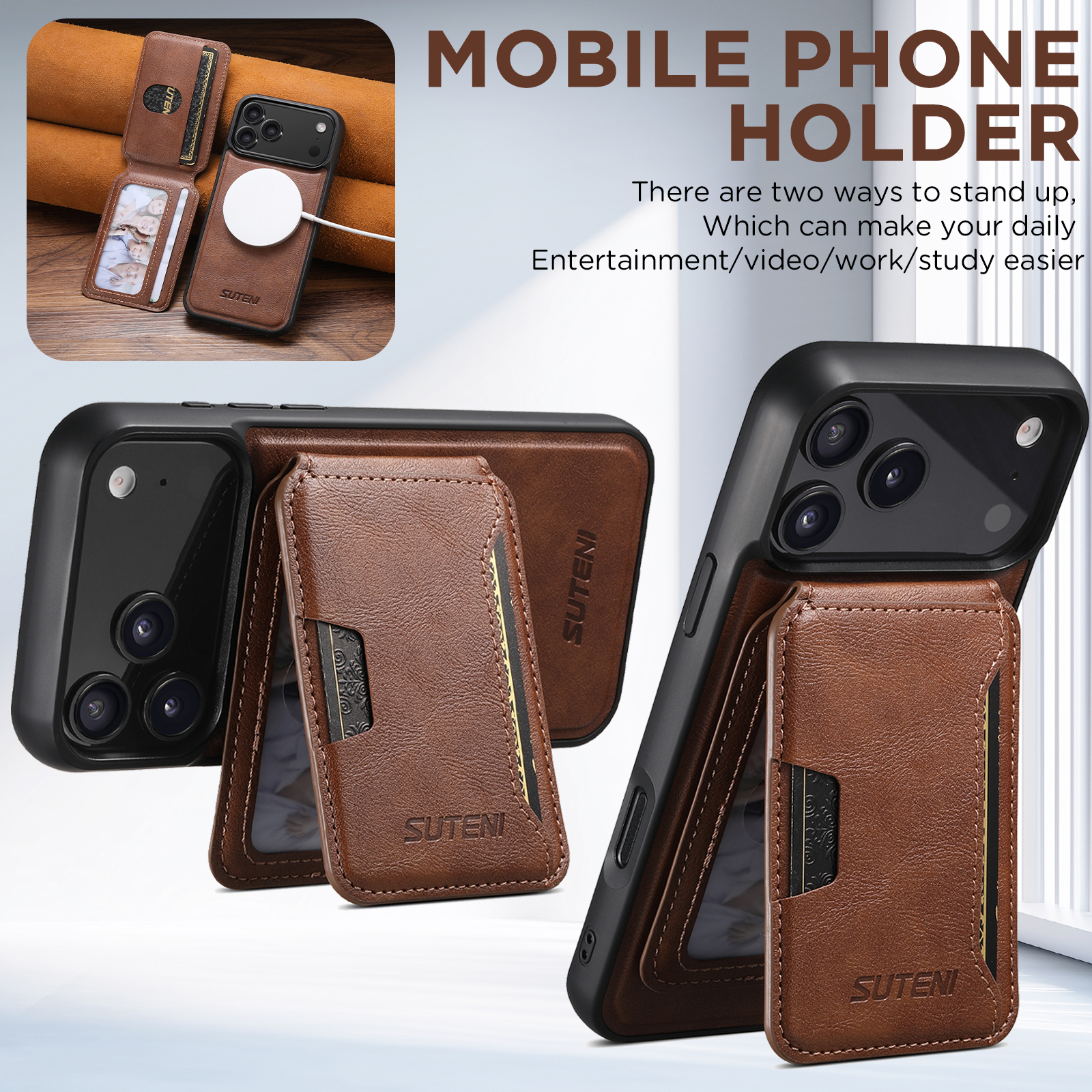 SUTENI M3 Wireless Charging Magnet Faux Leather Phone Case Card Holder Stand Smooth Surface Wallet 2-in-1 For iPhone 17 Pro Max 16 Plus 15 14 13 12