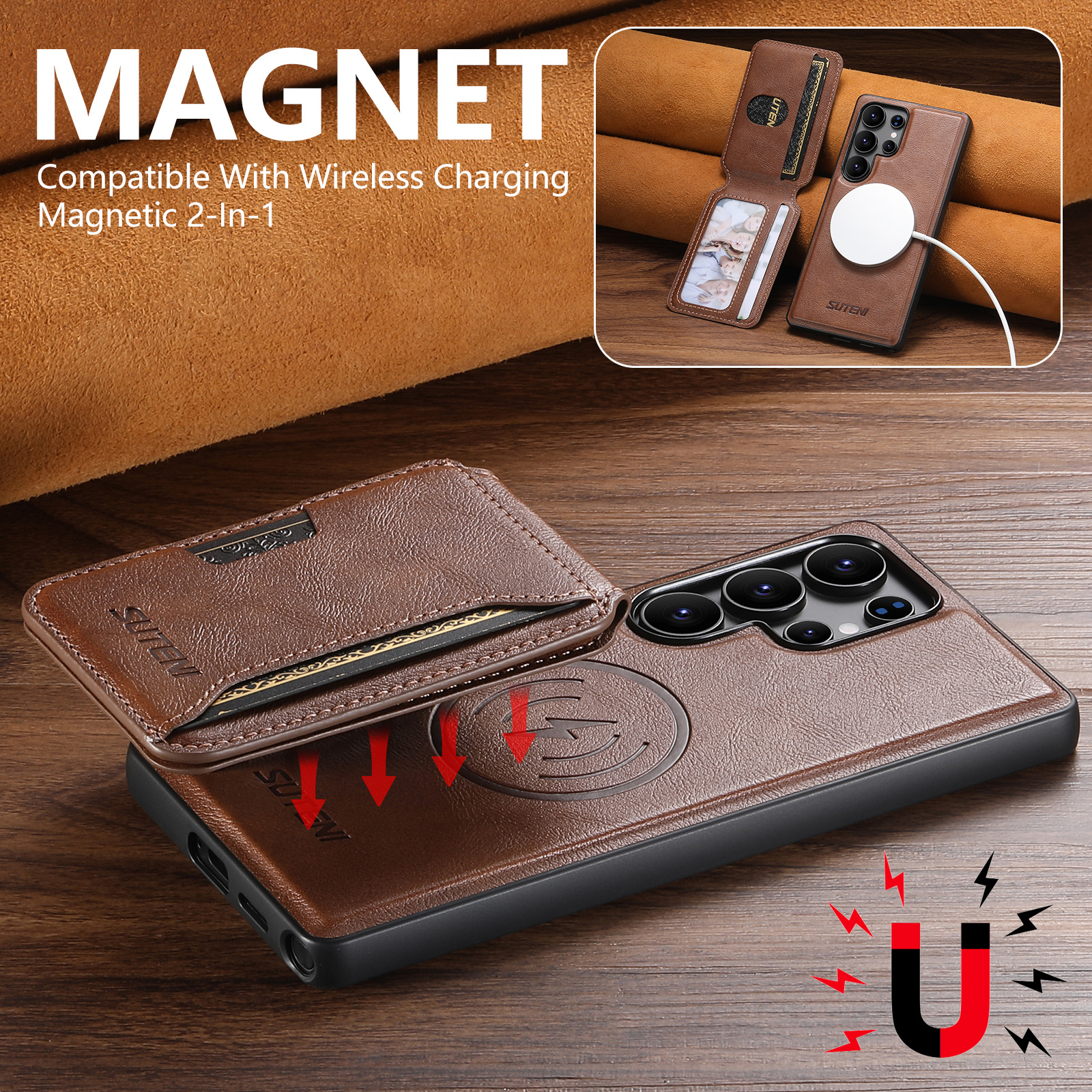 SUTENI M3 Wireless Charging Magnet Faux Leather Phone Case Card Holder Stand Smooth Surface Wallet 2-in-1 For Samsung S25Ultra S24 S23 S22