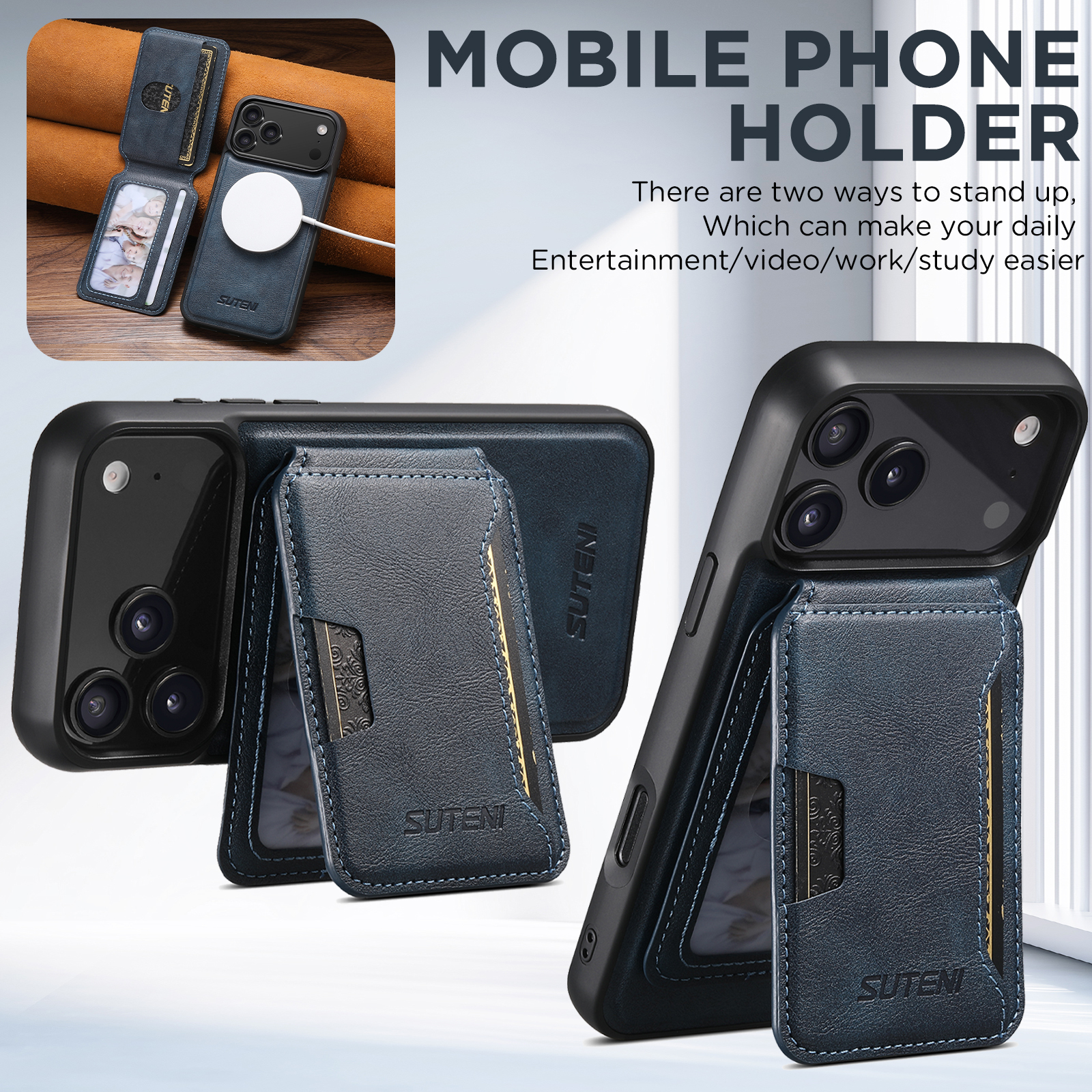 SUTENI M3 Wireless Charging Magnet Faux Leather Phone Case Card Holder Stand Smooth Surface Wallet 2-in-1 For iPhone 17 Pro Max 16 Plus 15 14 13 12