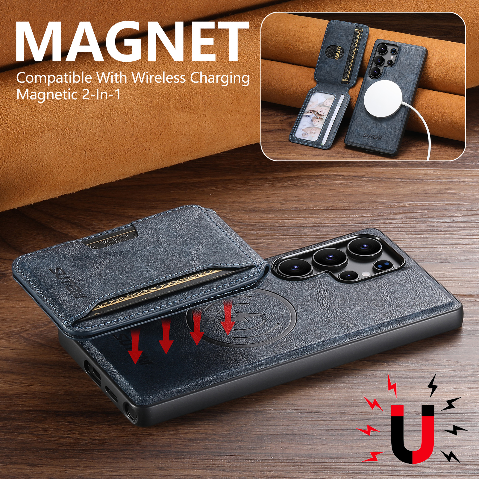 SUTENI M3 Wireless Charging Magnet Faux Leather Phone Case Card Holder Stand Smooth Surface Wallet 2-in-1 For Samsung S26Ultra S25 S24 S23 S22