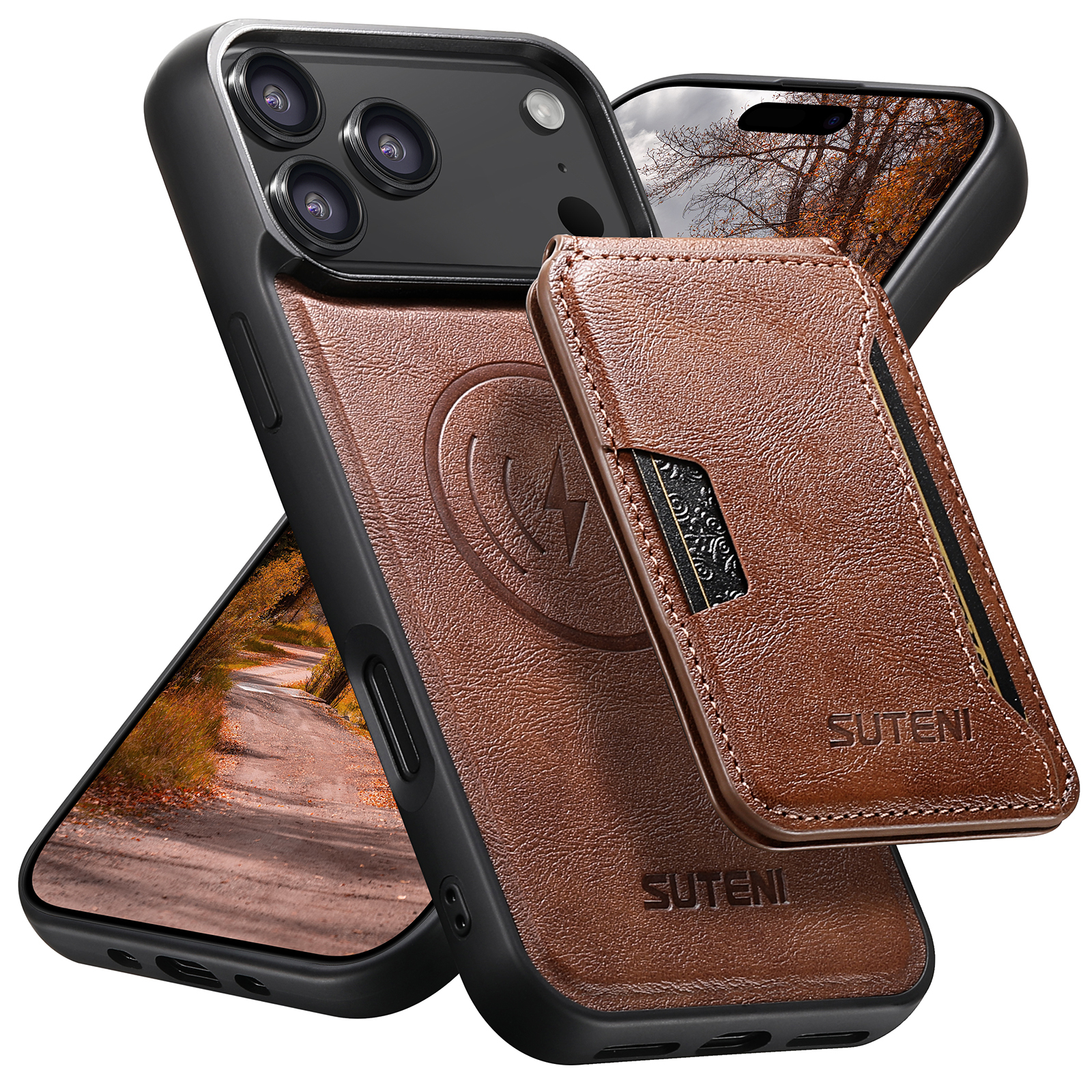 SUTENI M3 Wireless Charging Magnet Faux Leather Phone Case Card Holder Stand Smooth Surface Wallet 2-in-1 For iPhone 17 Pro Max 16 Plus 15 14 13 12