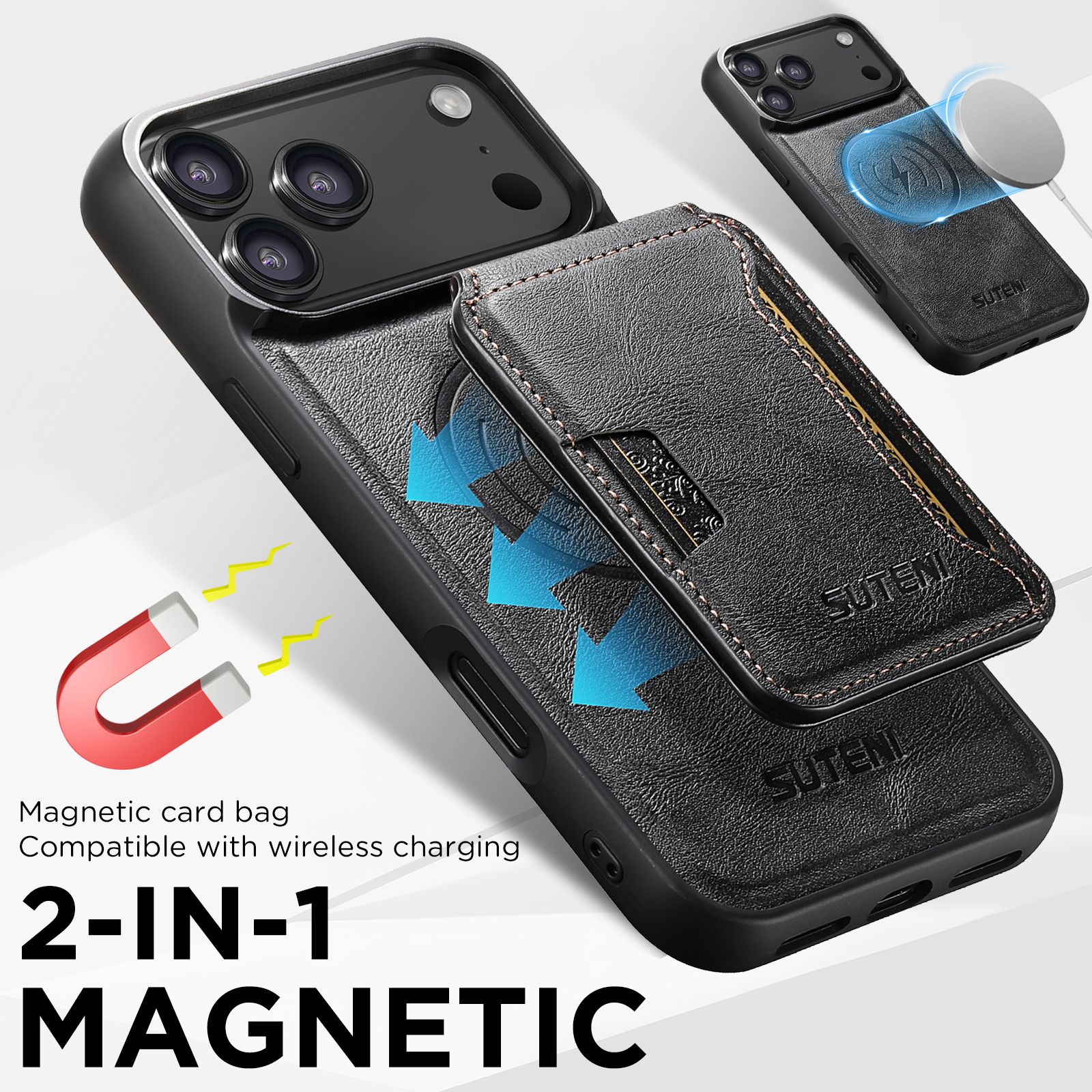 SUTENI M3 Wireless Charging Magnet Faux Leather Phone Case Card Holder Stand Smooth Surface Wallet 2-in-1 For iPhone 17 Pro Max 16 Plus 15 14 13 12