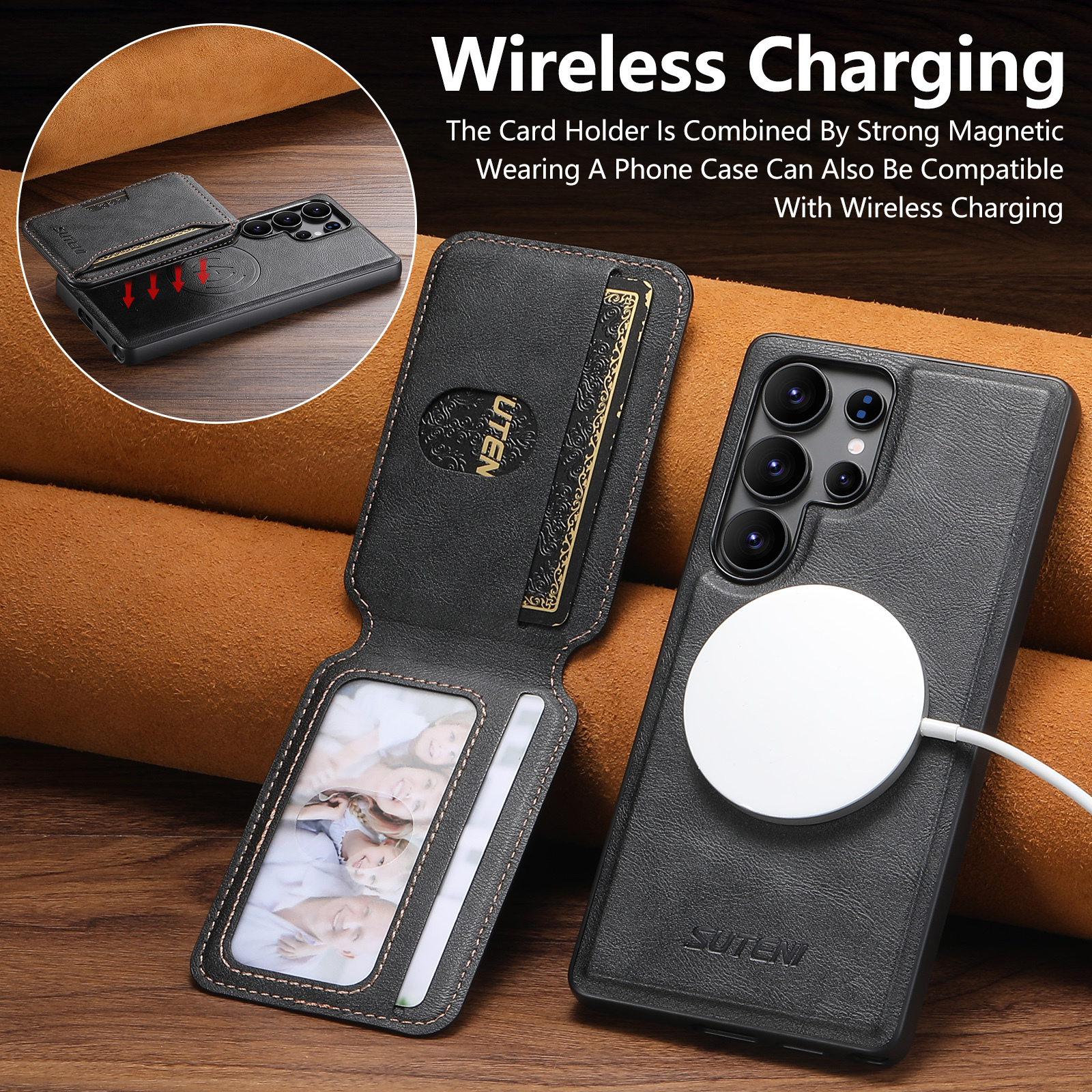 SUTENI M3 Wireless Charging Magnet Faux Leather Phone Case Card Holder Stand Smooth Surface Wallet 2-in-1 For Samsung S25Ultra S24 S23 S22