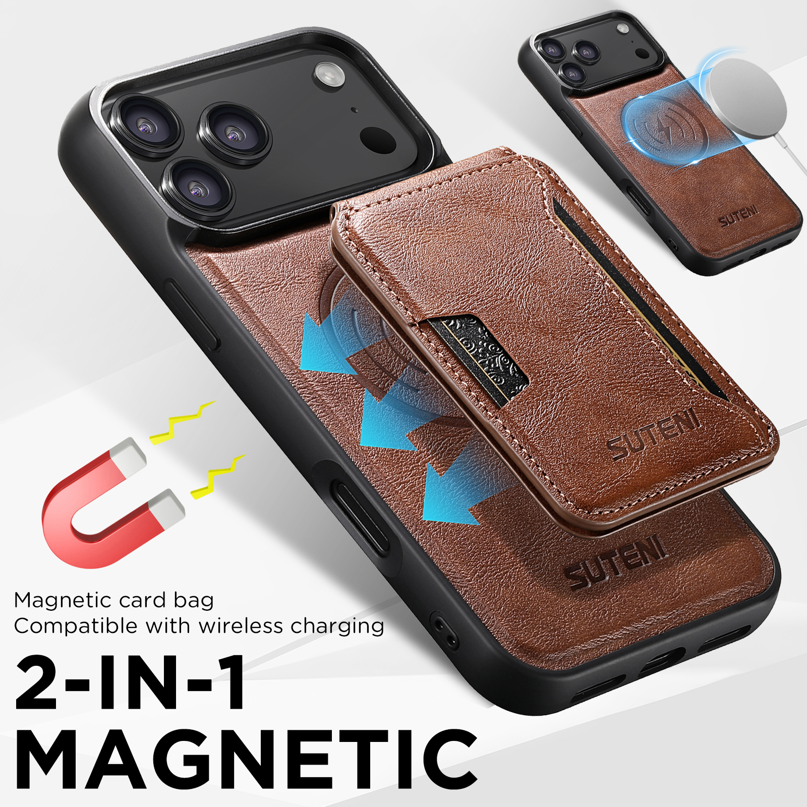 SUTENI M3 Wireless Charging Magnet Faux Leather Phone Case Card Holder Stand Smooth Surface Wallet 2-in-1 For iPhone 17 Pro Max 16 Plus 15 14 13 12