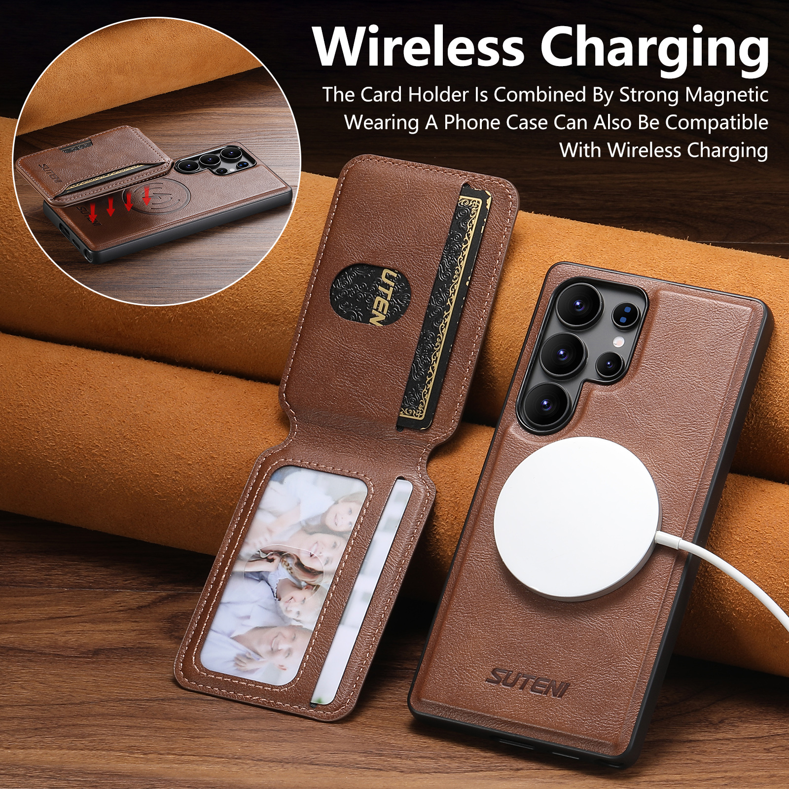 SUTENI M3 Wireless Charging Magnet Faux Leather Phone Case Card Holder Stand Smooth Surface Wallet 2-in-1 For Samsung S26Ultra S25 S24 S23 S22