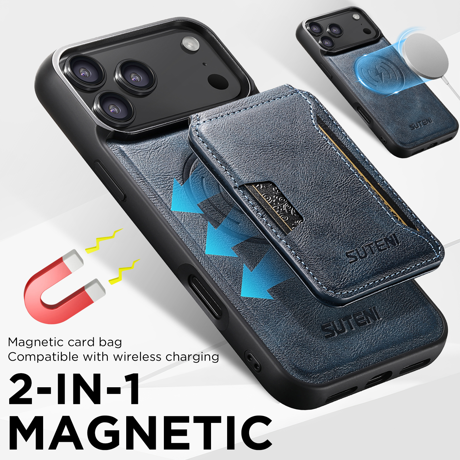 SUTENI M3 Wireless Charging Magnet Faux Leather Phone Case Card Holder Stand Smooth Surface Wallet 2-in-1 For iPhone 17 Pro Max 16 Plus 15 14 13 12