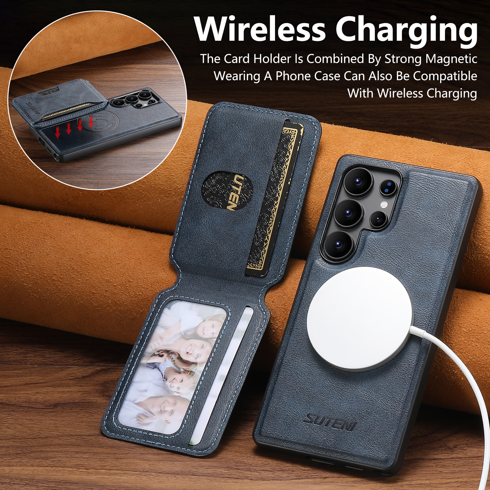 SUTENI M3 Wireless Charging Magnet Faux Leather Phone Case Card Holder Stand Smooth Surface Wallet 2-in-1 For Samsung S26Ultra S25 S24 S23 S22