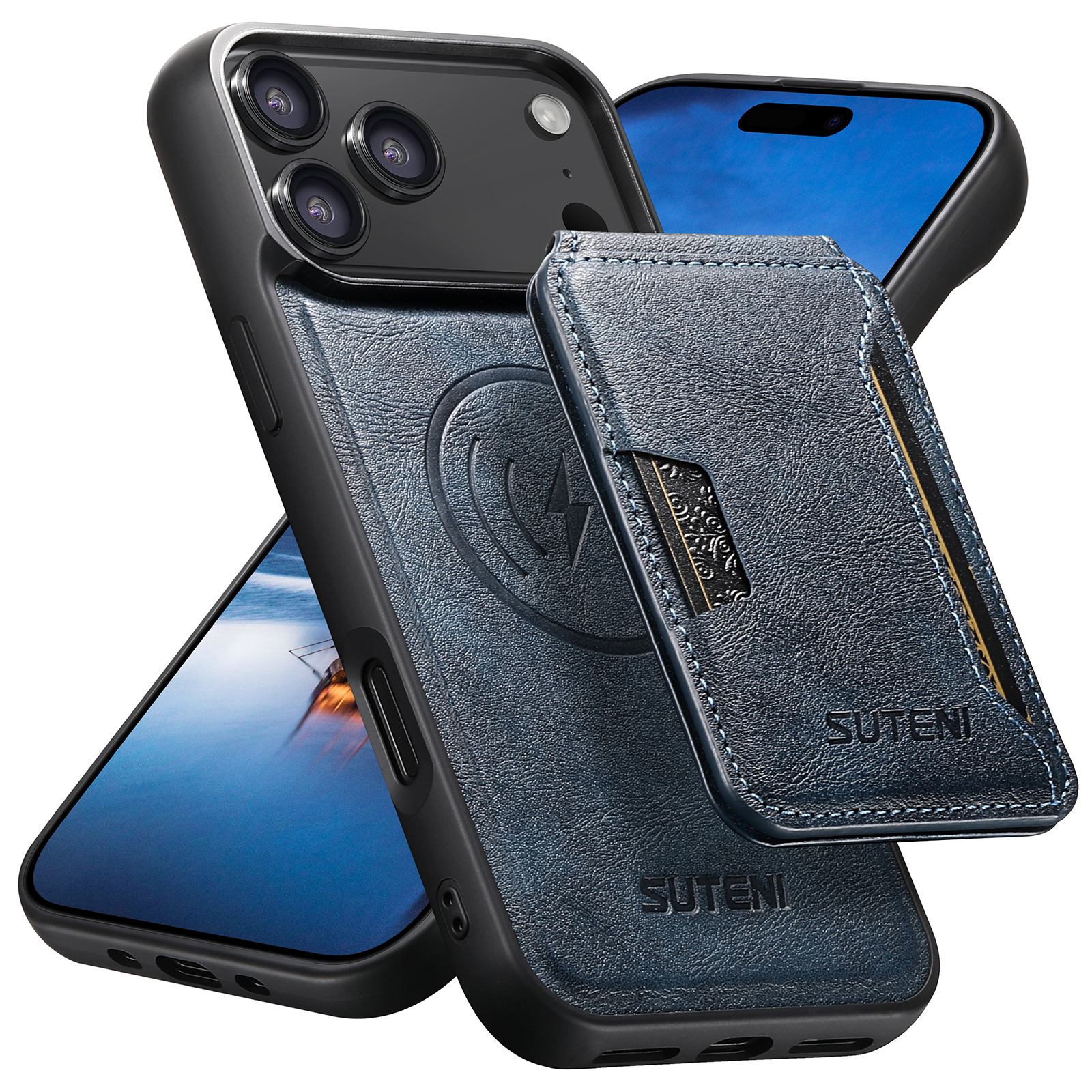 SUTENI M3 Wireless Charging Magnet Faux Leather Phone Case Card Holder Stand Smooth Surface Wallet 2-in-1 For iPhone 17 Pro Max 16 Plus 15 14 13 12
