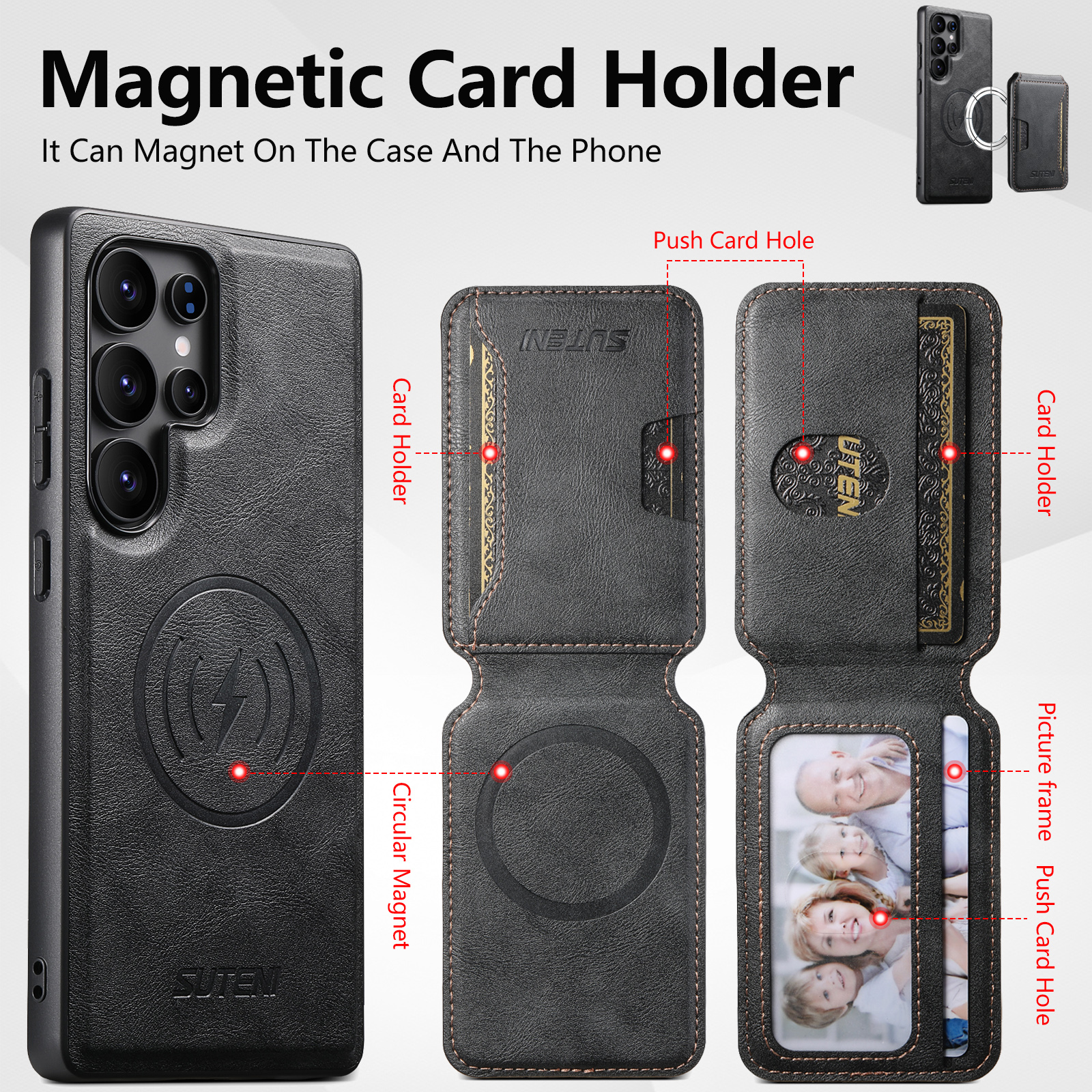SUTENI M3 Wireless Charging Magnet Faux Leather Phone Case Card Holder Stand Smooth Surface Wallet 2-in-1 For Samsung S25Ultra S24 S23 S22