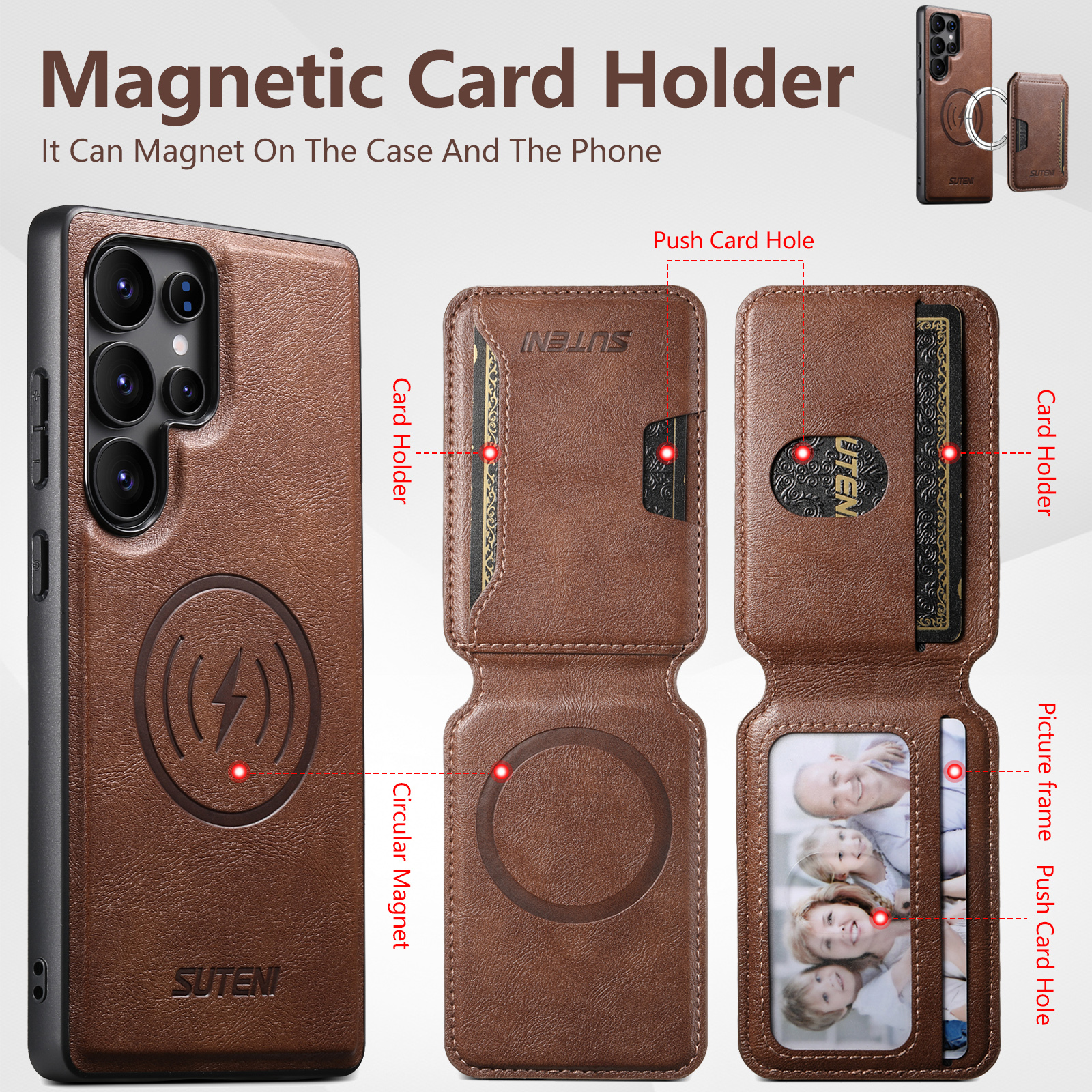 SUTENI M3 Wireless Charging Magnet Faux Leather Phone Case Card Holder Stand Smooth Surface Wallet 2-in-1 For Samsung S26Ultra S25 S24 S23 S22