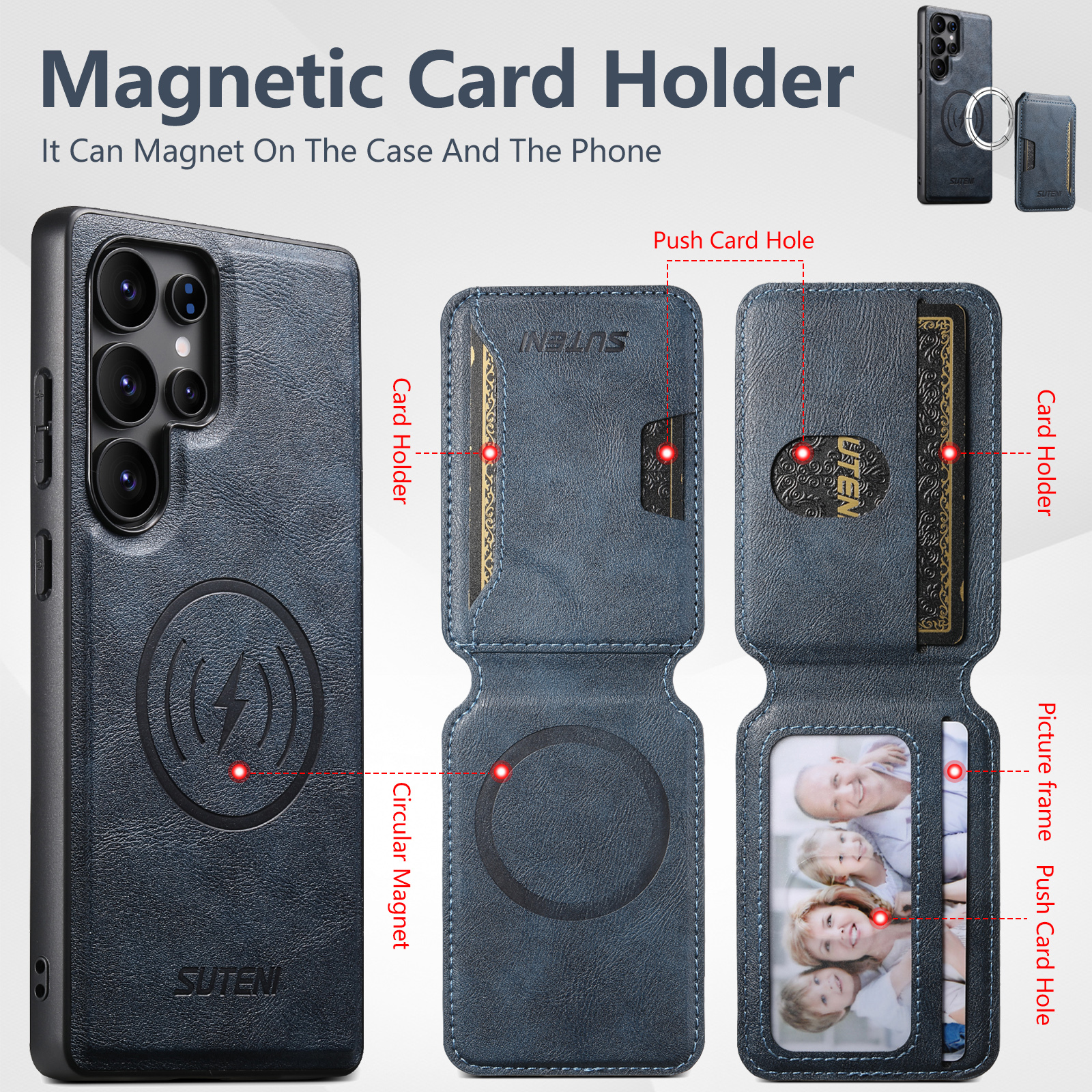 SUTENI M3 Wireless Charging Magnet Faux Leather Phone Case Card Holder Stand Smooth Surface Wallet 2-in-1 For Samsung S26Ultra S25 S24 S23 S22