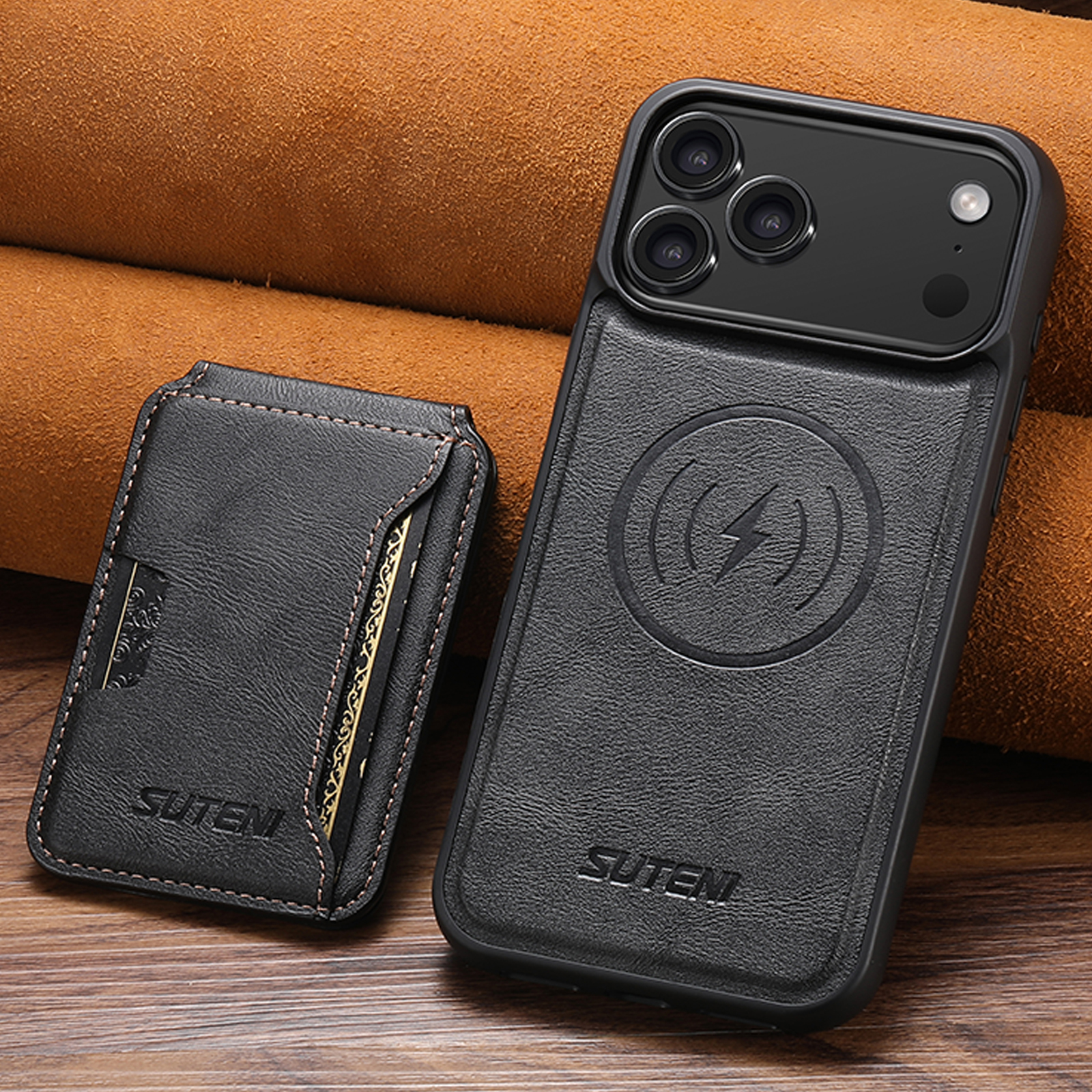 SUTENI M3 Wireless Charging Magnet Faux Leather Phone Case Card Holder Stand Smooth Surface Wallet 2-in-1 For iPhone 17 Pro Max 16 Plus 15 14 13 12