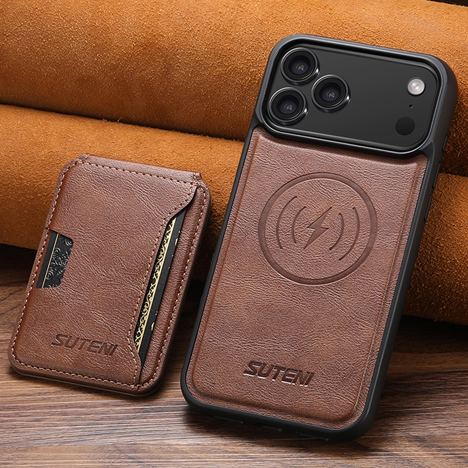 SUTENI M3 Wireless Charging Magnet Faux Leather Phone Case Card Holder Stand Smooth Surface Wallet 2-in-1 For iPhone 17 Pro Max 16 Plus 15 14 13 12