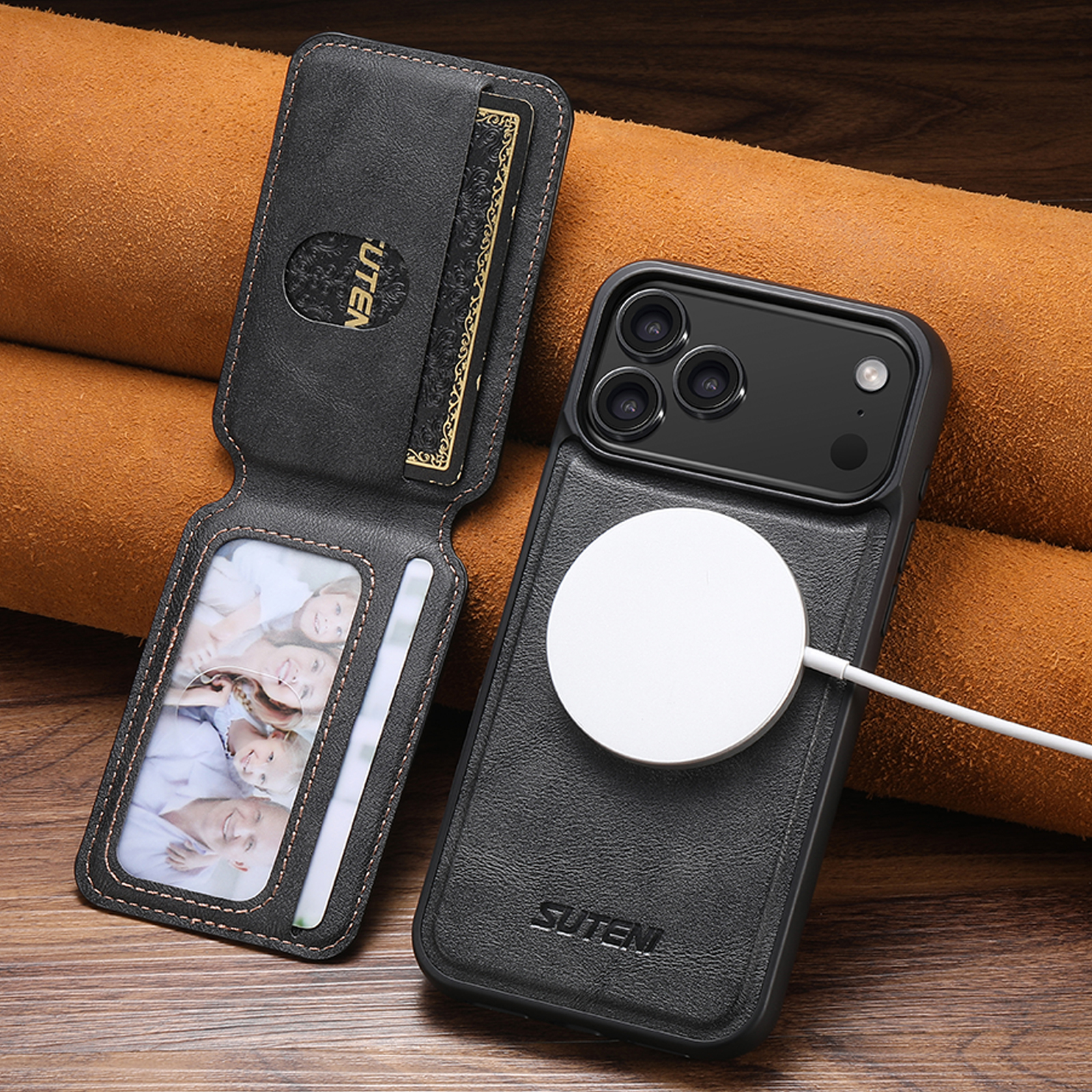 SUTENI M3 Wireless Charging Magnet Faux Leather Phone Case Card Holder Stand Smooth Surface Wallet 2-in-1 For iPhone 17 Pro Max 16 Plus 15 14 13 12