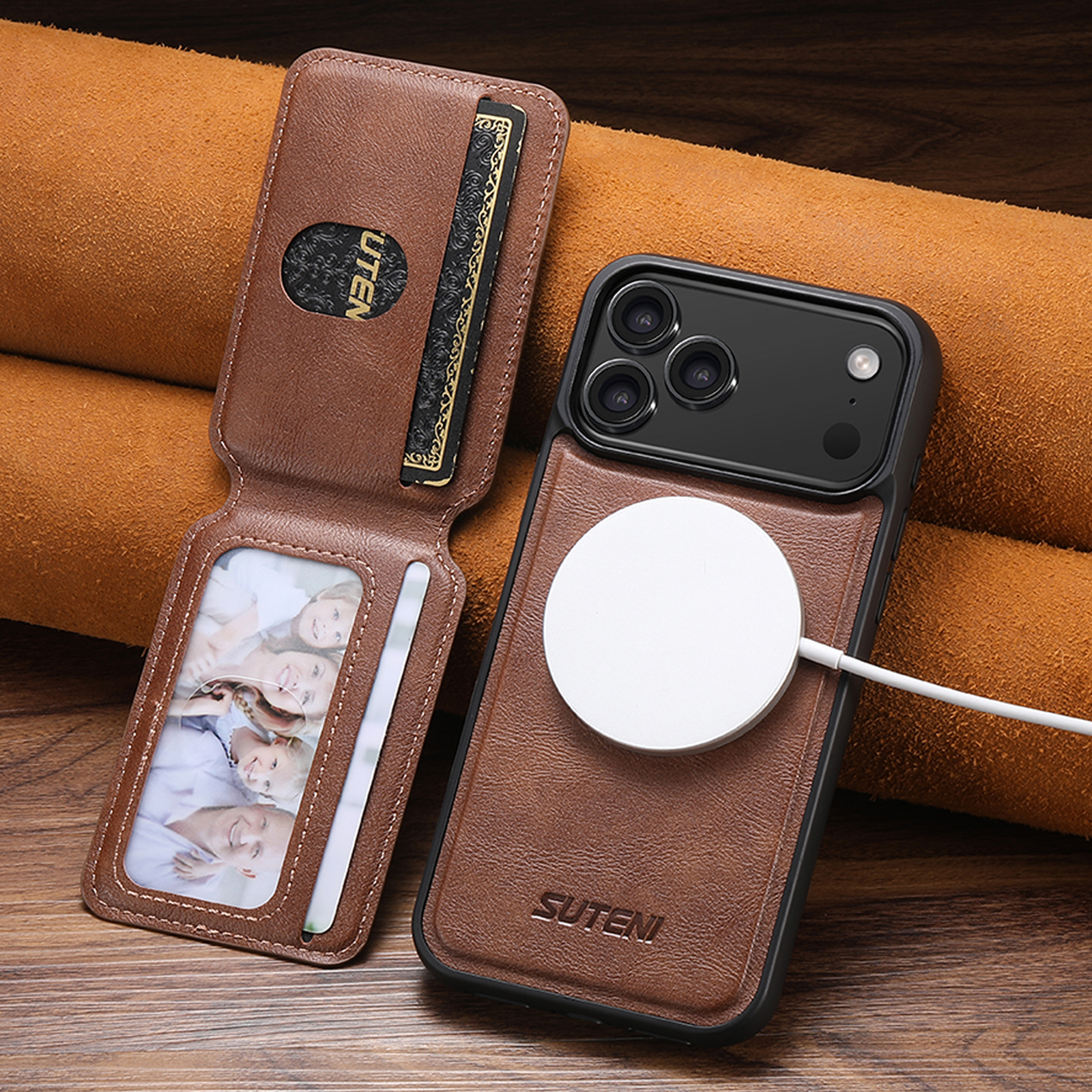 SUTENI M3 Wireless Charging Magnet Faux Leather Phone Case Card Holder Stand Smooth Surface Wallet 2-in-1 For iPhone 17 Pro Max 16 Plus 15 14 13 12