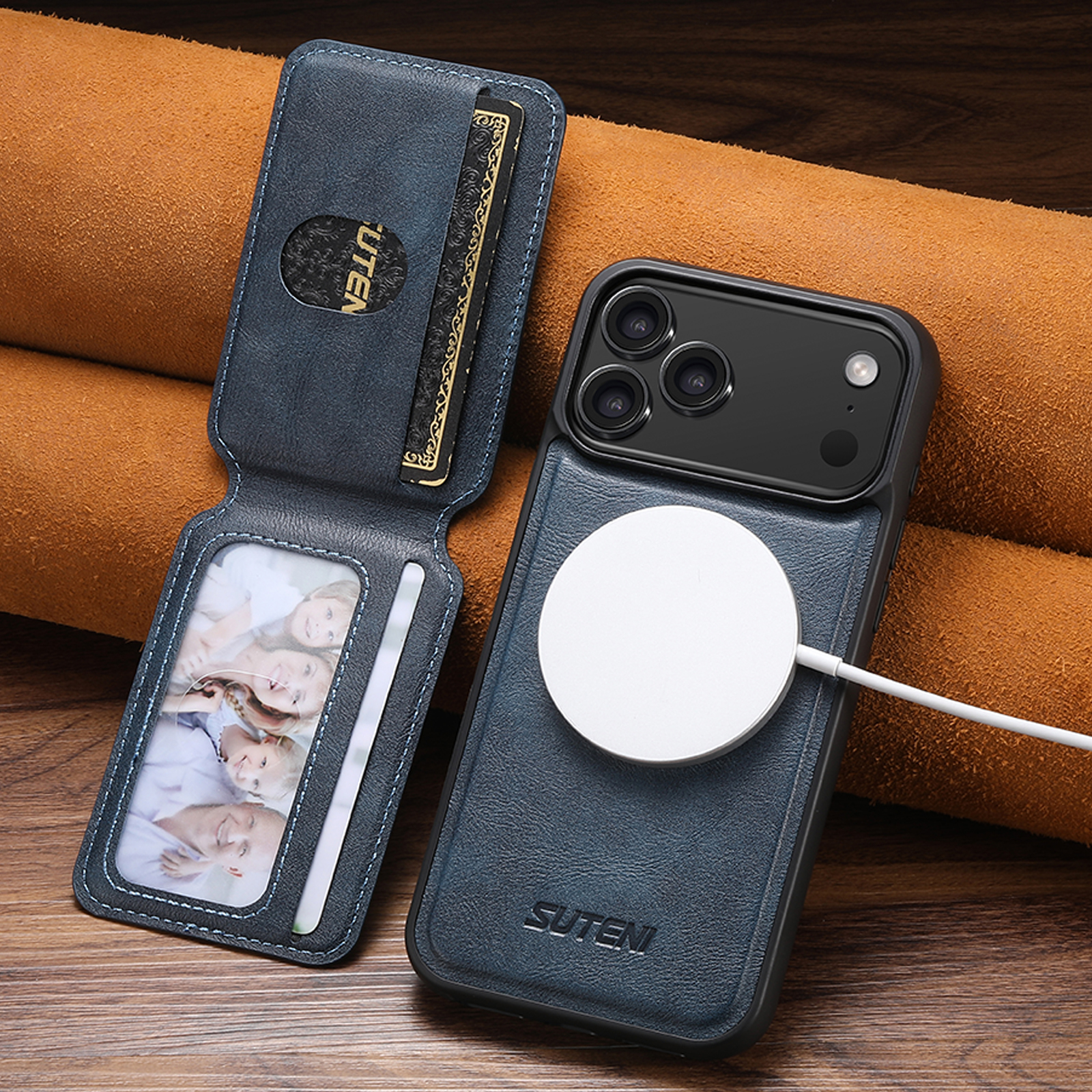 SUTENI M3 Wireless Charging Magnet Faux Leather Phone Case Card Holder Stand Smooth Surface Wallet 2-in-1 For iPhone 17 Pro Max 16 Plus 15 14 13 12