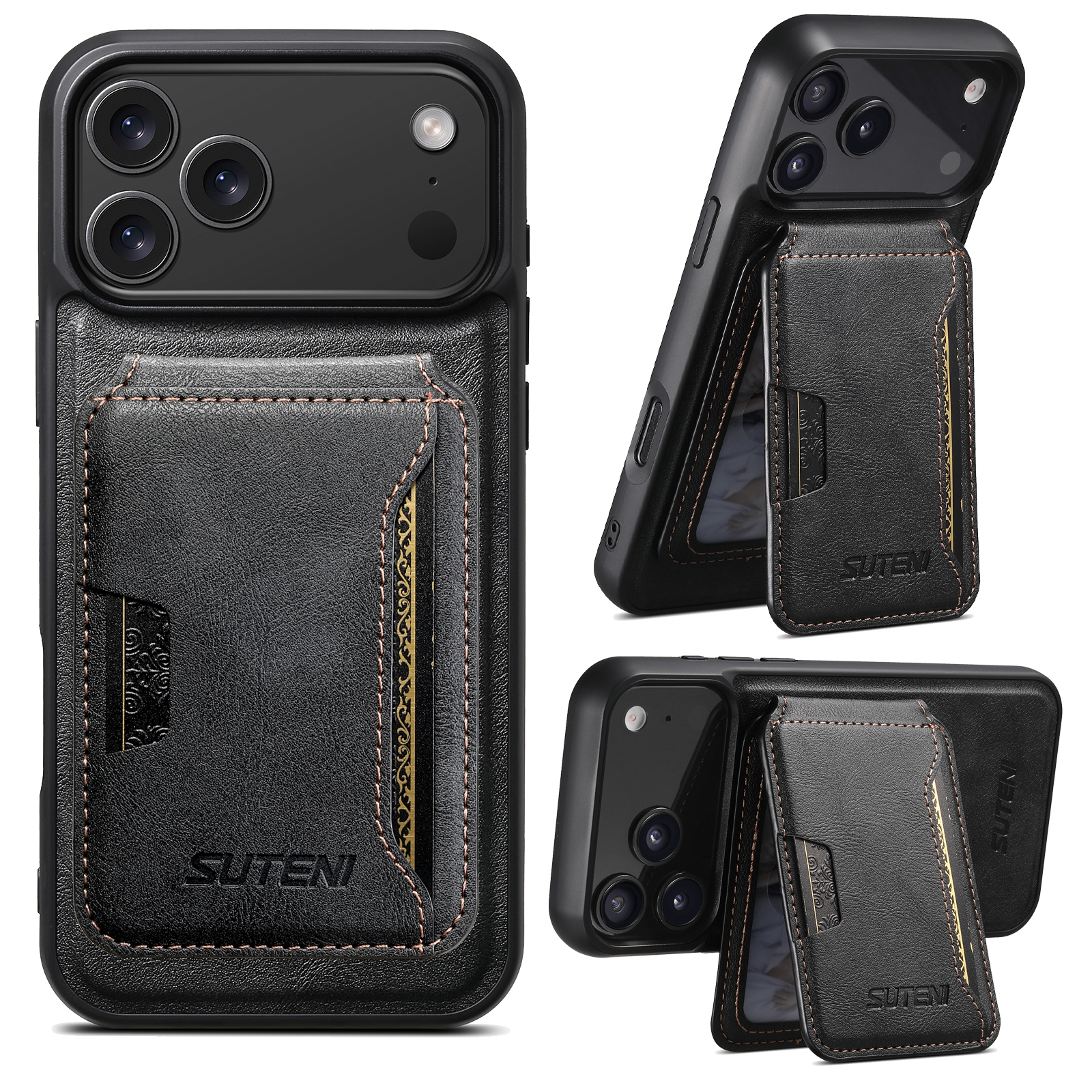 SUTENI M3 Wireless Charging Magnet Faux Leather Phone Case Card Holder Stand Smooth Surface Wallet 2-in-1 For iPhone 17 Pro Max 16 Plus 15 14 13 12
