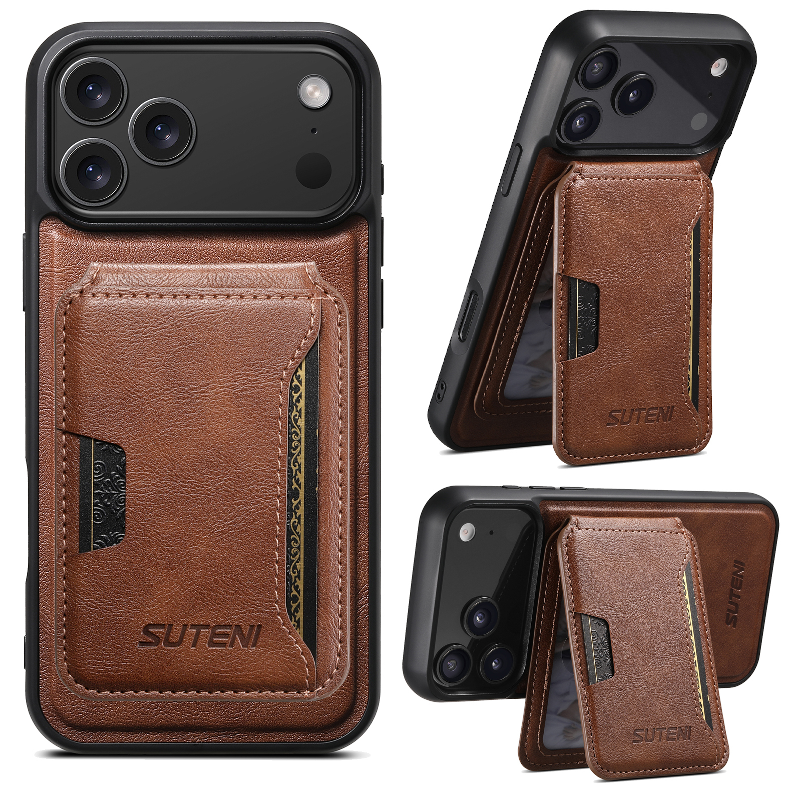 SUTENI M3 Wireless Charging Magnet Faux Leather Phone Case Card Holder Stand Smooth Surface Wallet 2-in-1 For iPhone 17 Pro Max 16 Plus 15 14 13 12