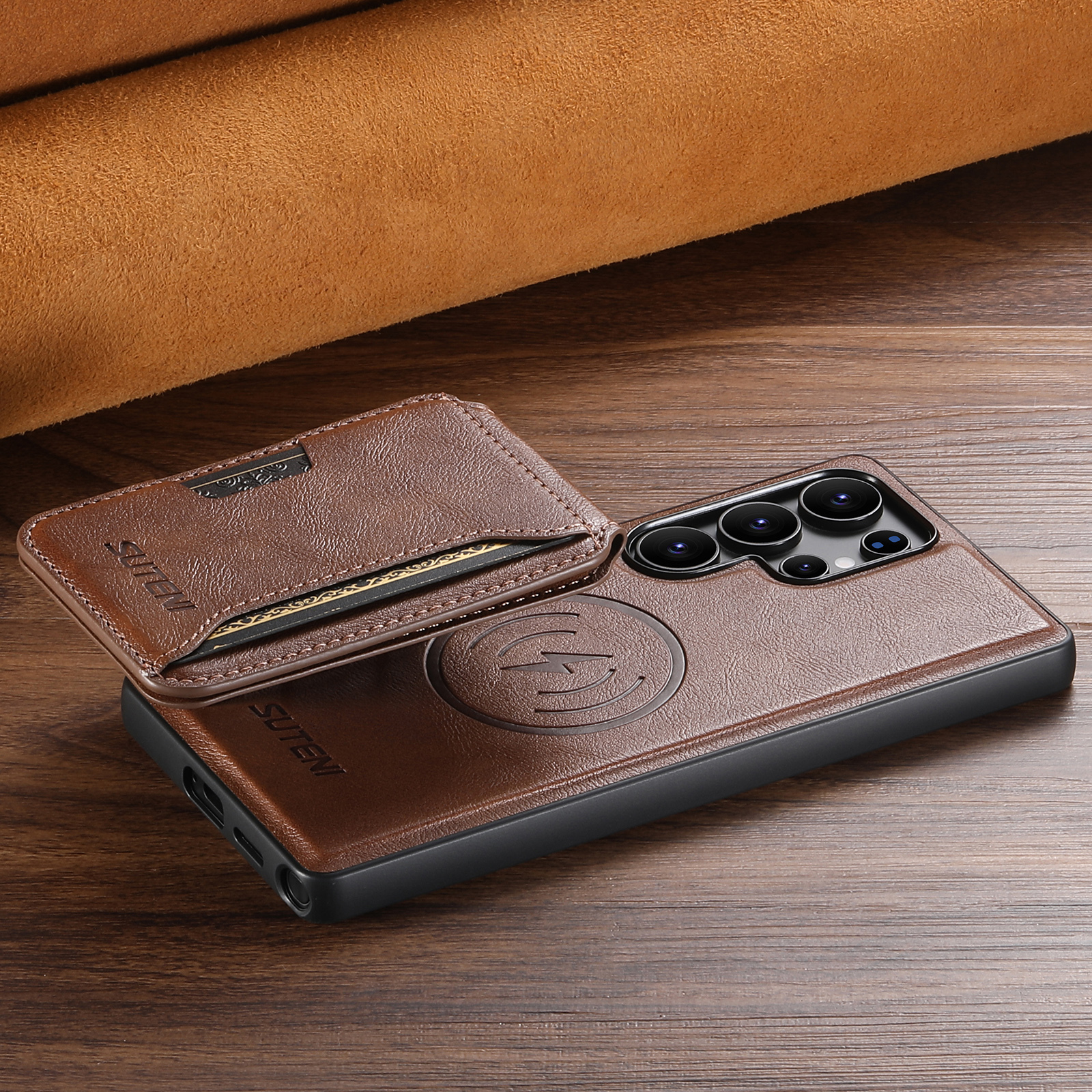 SUTENI M3 Wireless Charging Magnet Faux Leather Phone Case Card Holder Stand Smooth Surface Wallet 2-in-1 For Samsung S25Ultra S24 S23 S22