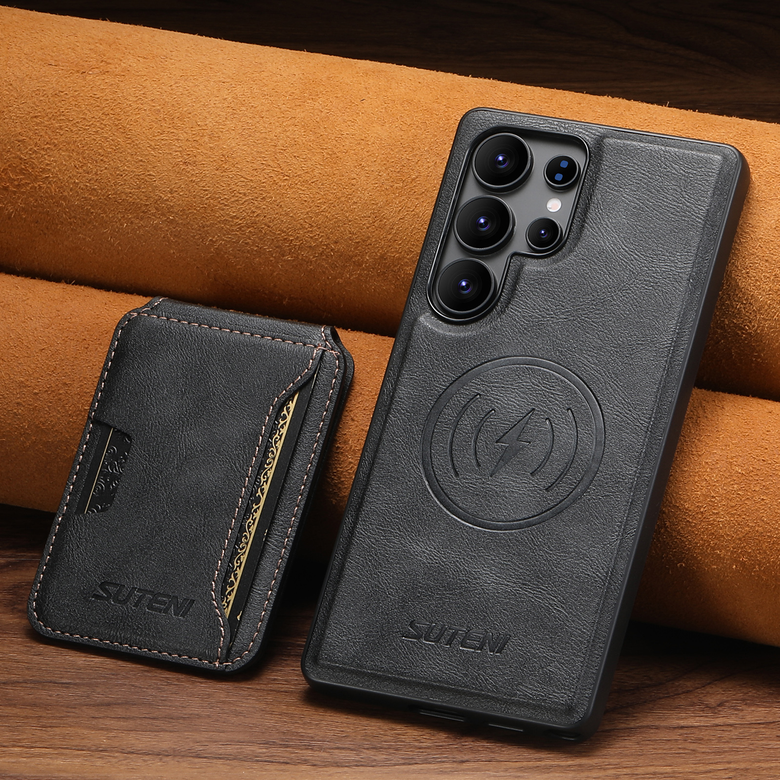 SUTENI M3 Wireless Charging Magnet Faux Leather Phone Case Card Holder Stand Smooth Surface Wallet 2-in-1 For Samsung S25Ultra S24 S23 S22