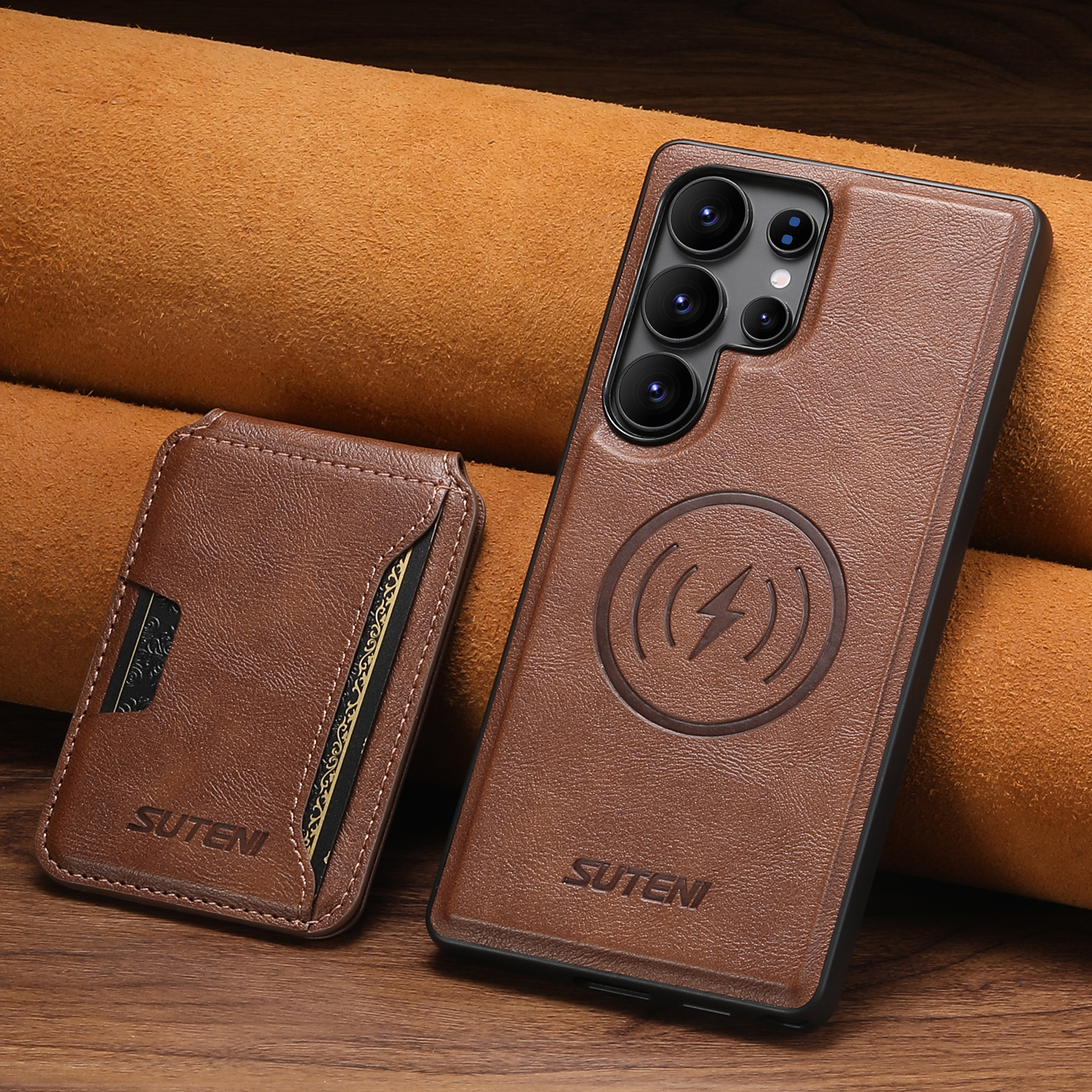 SUTENI M3 Wireless Charging Magnet Faux Leather Phone Case Card Holder Stand Smooth Surface Wallet 2-in-1 For Samsung S25Ultra S24 S23 S22