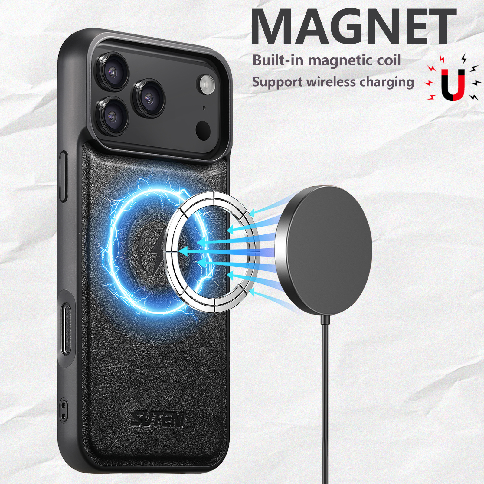 SUTENI G5 Frosted Feel Faux Leather Magnet Wireless Charging Phone Case For iPhone 17 Pro Max 16 Plus 15 14 13 12