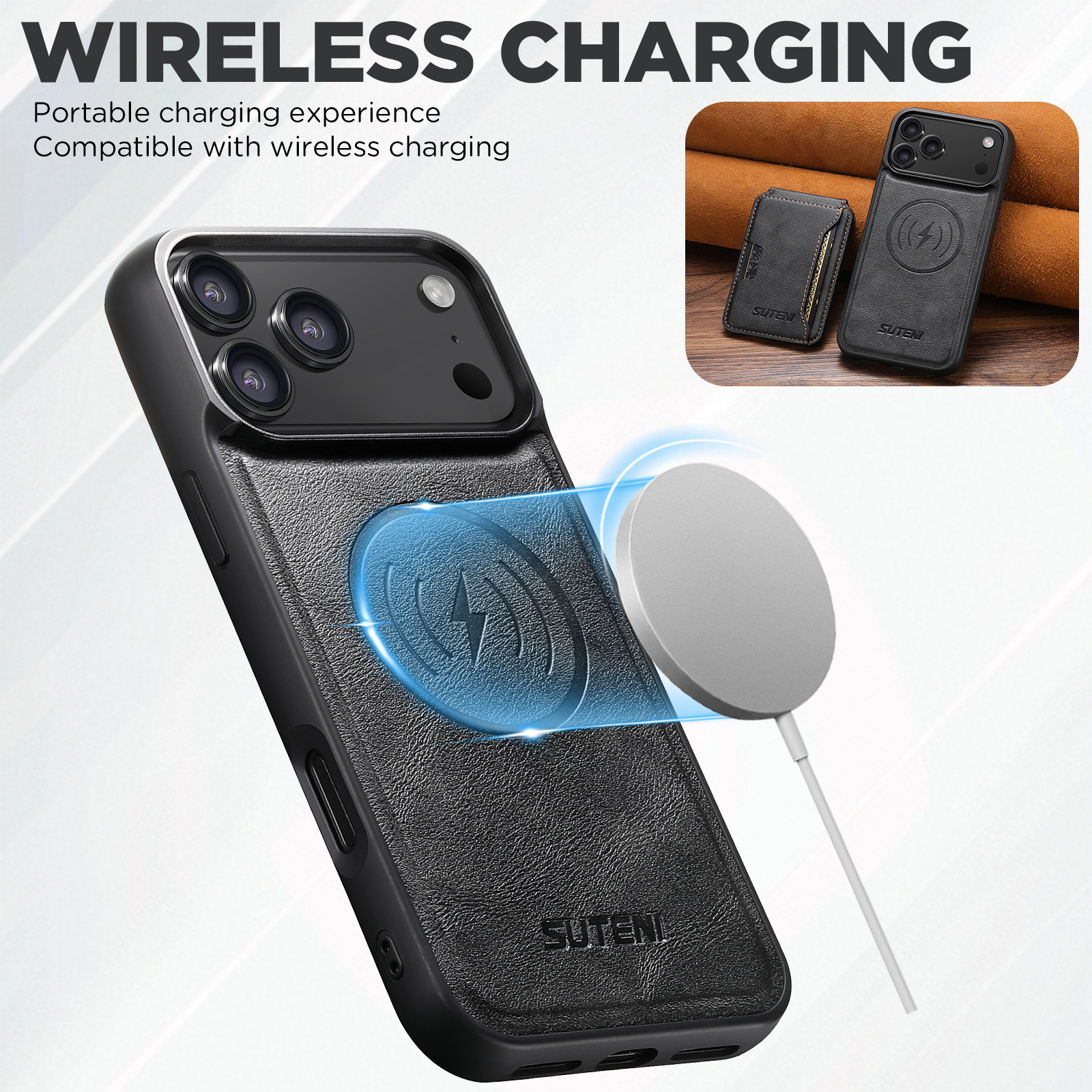 SUTENI M3 Wireless Charging Magnet Faux Leather Phone Case Card Holder Stand Smooth Surface Wallet 2-in-1 For iPhone 17 Pro Max 16 Plus 15 14 13 12