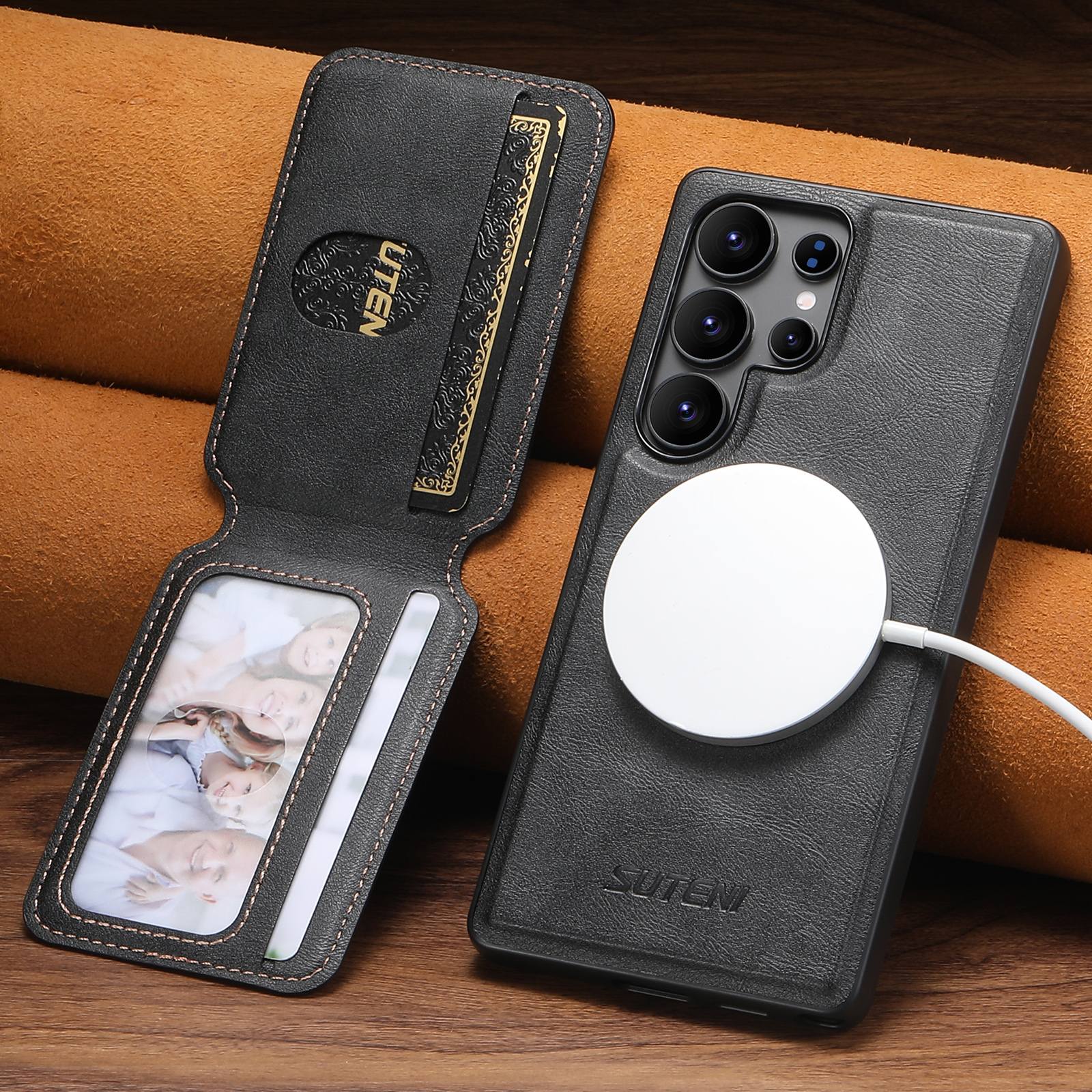 SUTENI M3 Wireless Charging Magnet Faux Leather Phone Case Card Holder Stand Smooth Surface Wallet 2-in-1 For Samsung S25Ultra S24 S23 S22