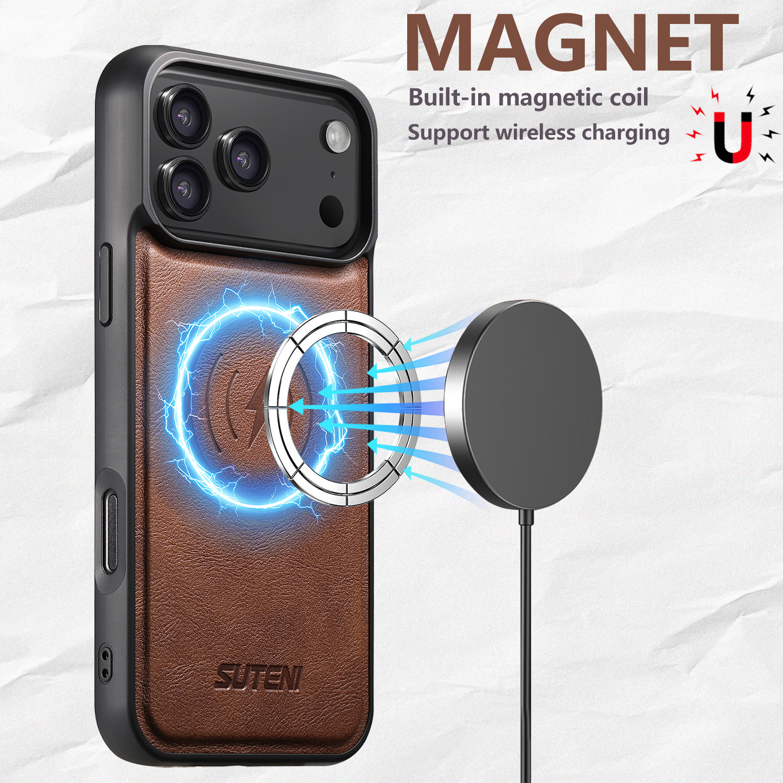 SUTENI G5 Frosted Feel Faux Leather Magnet Wireless Charging Phone Case For iPhone 17 Pro Max 16 Plus 15 14 13 12