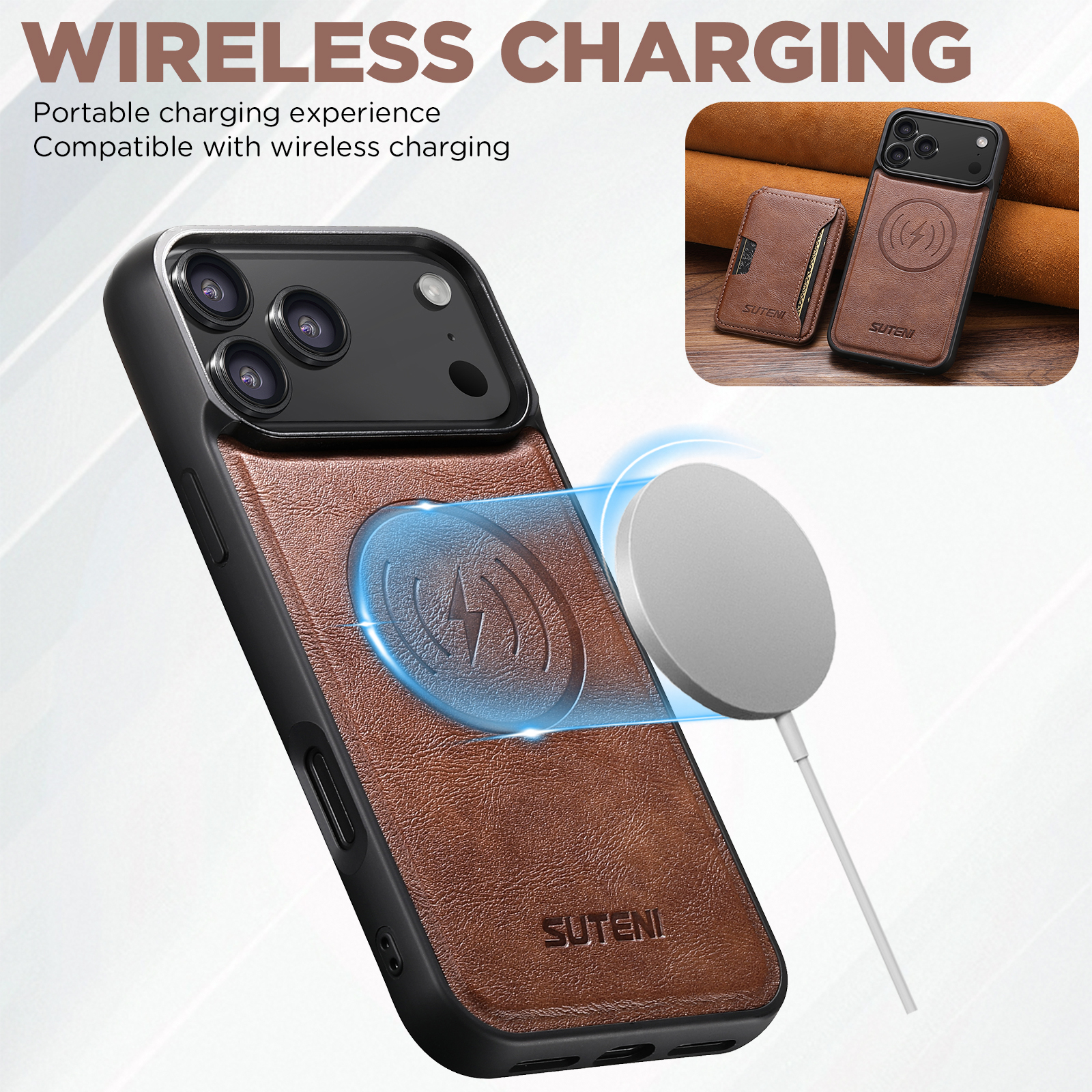 SUTENI M3 Wireless Charging Magnet Faux Leather Phone Case Card Holder Stand Smooth Surface Wallet 2-in-1 For iPhone 17 Pro Max 16 Plus 15 14 13 12