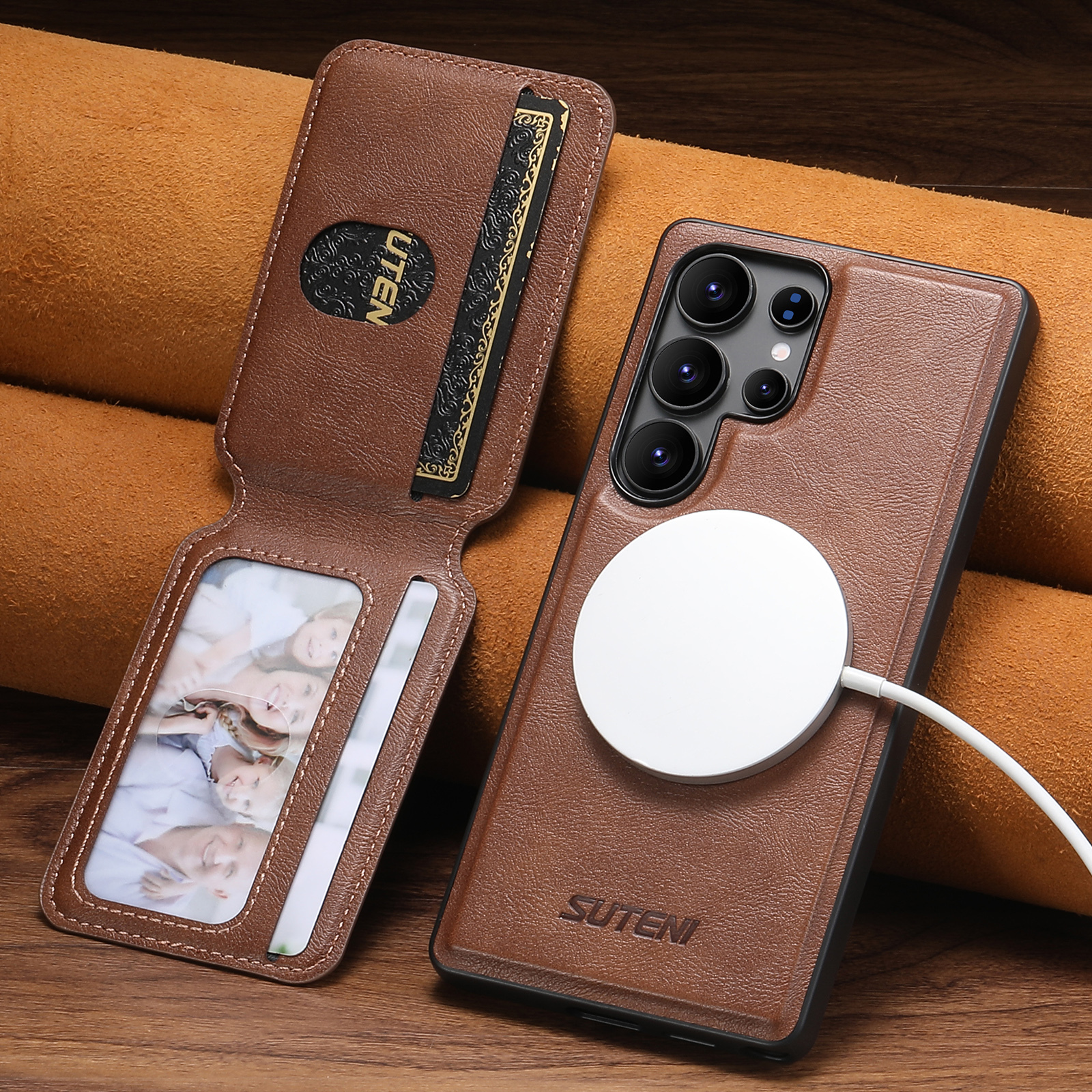 SUTENI M3 Wireless Charging Magnet Faux Leather Phone Case Card Holder Stand Smooth Surface Wallet 2-in-1 For Samsung S25Ultra S24 S23 S22
