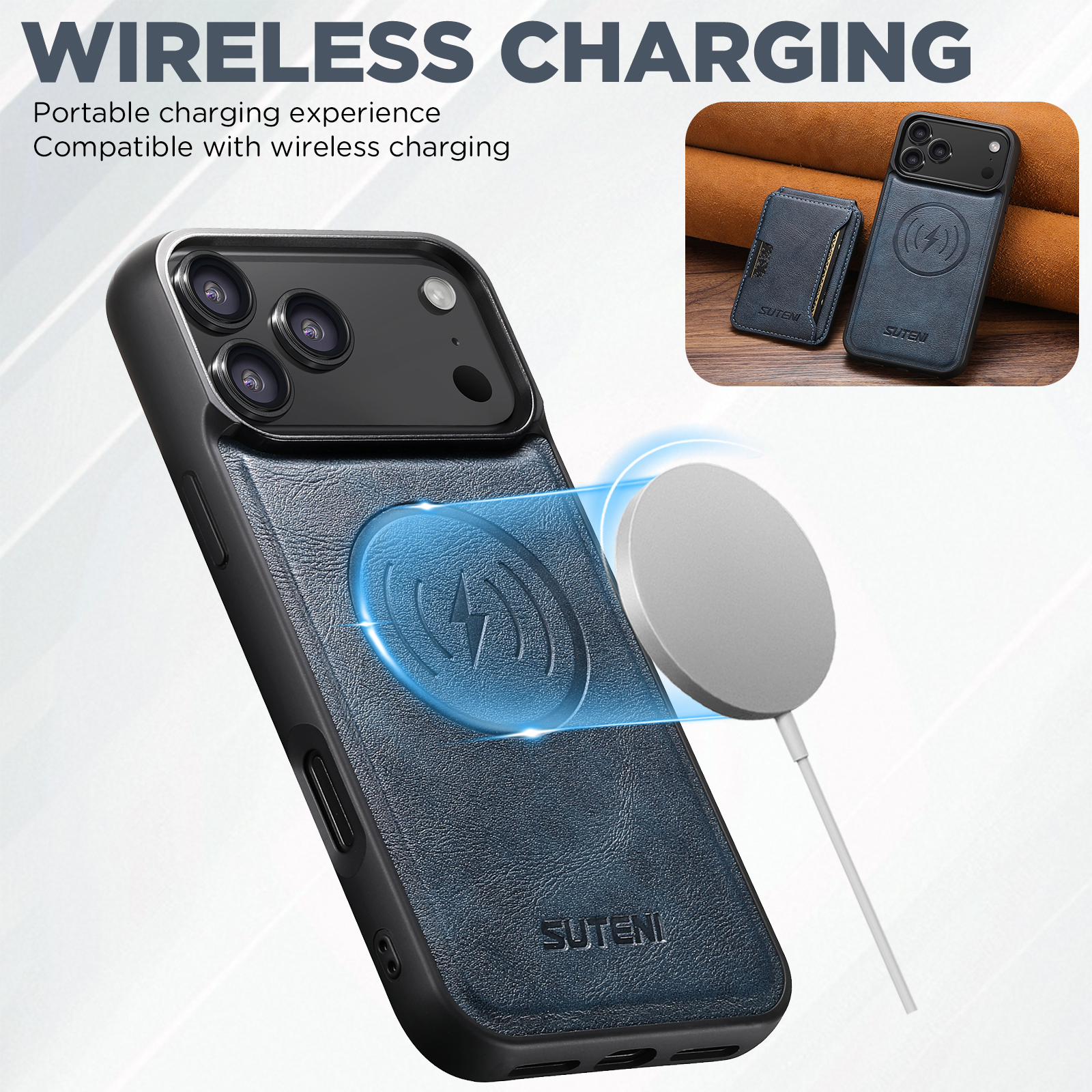 SUTENI M3 Wireless Charging Magnet Faux Leather Phone Case Card Holder Stand Smooth Surface Wallet 2-in-1 For iPhone 17 Pro Max 16 Plus 15 14 13 12