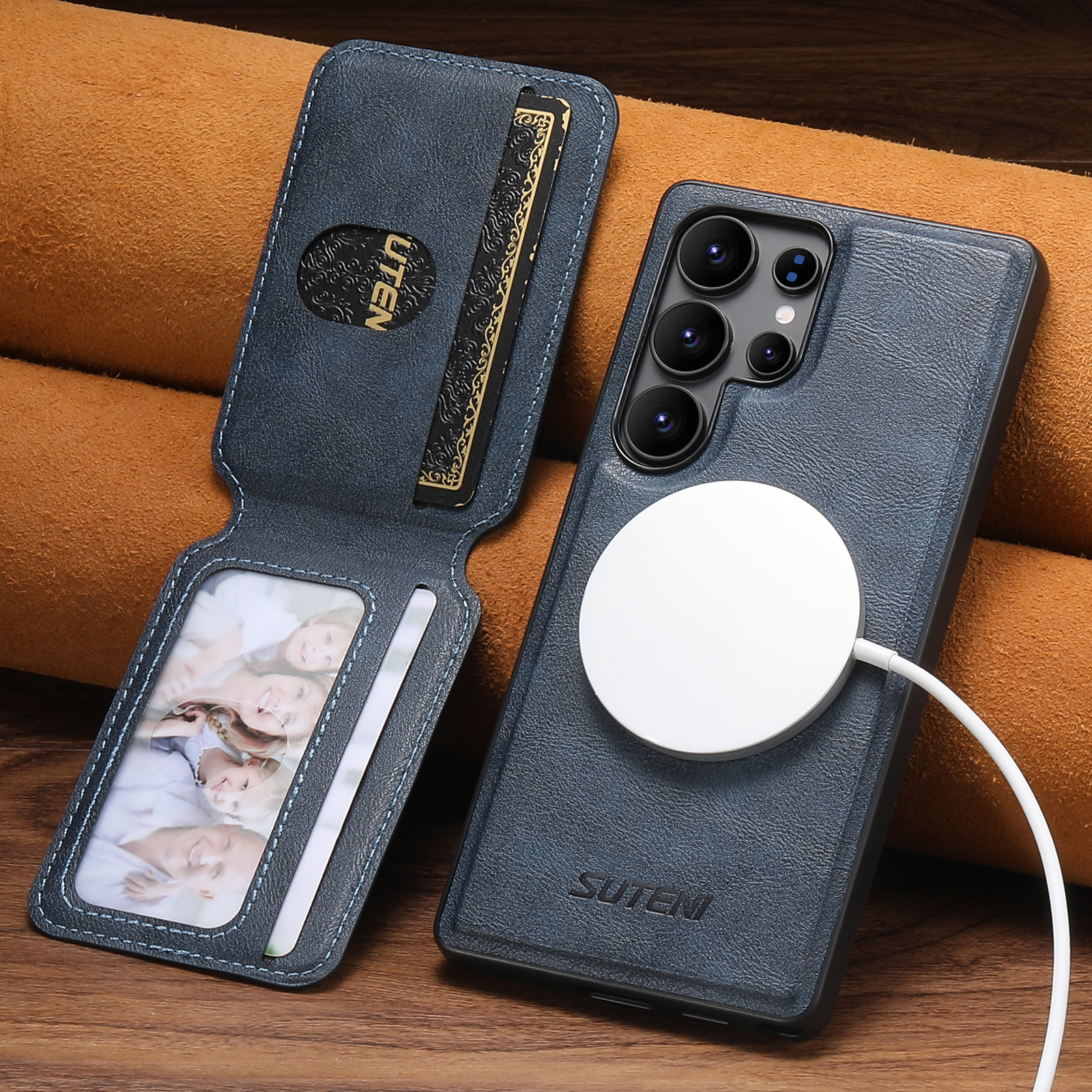 SUTENI M3 Wireless Charging Magnet Faux Leather Phone Case Card Holder Stand Smooth Surface Wallet 2-in-1 For Samsung S26Ultra S25 S24 S23 S22