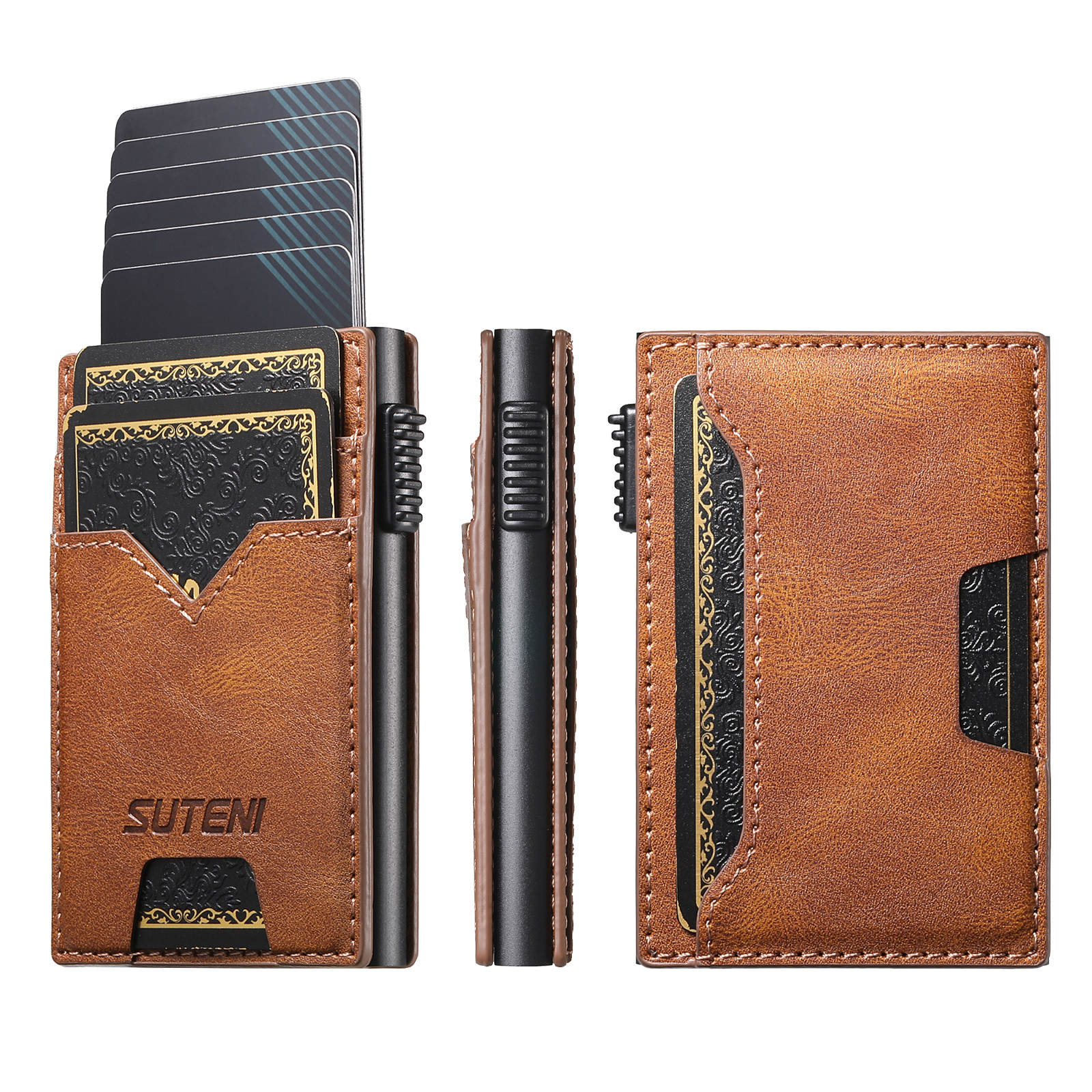 SUTENI KH5YL Card Slot Wallet Faux Leather Card Box Pressing The Button Automatically Ejects The Card