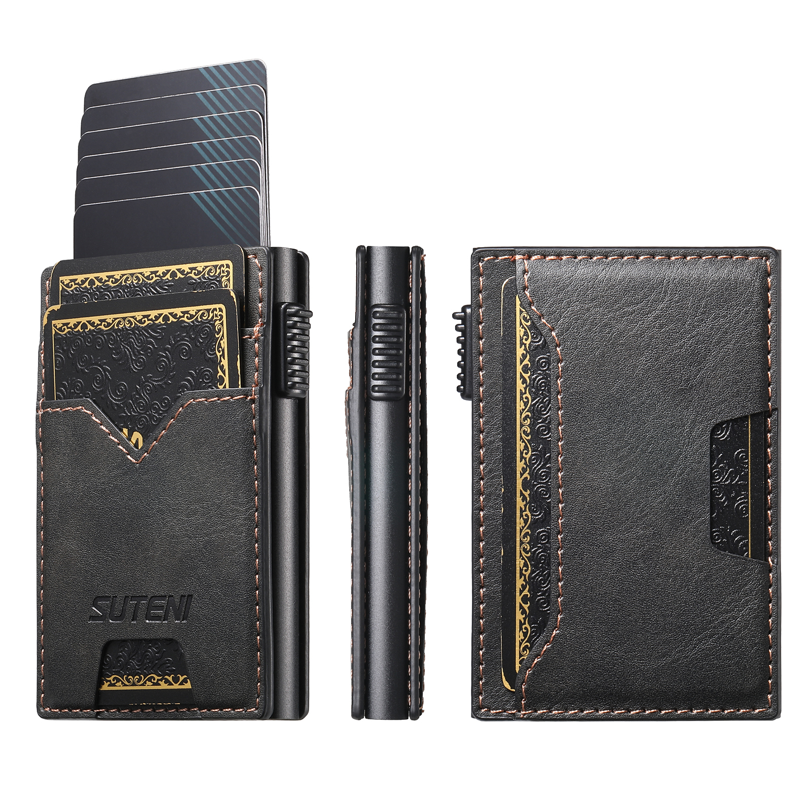 SUTENI KH5YL Card Slot Wallet Faux Leather Card Box Pressing The Button Automatically Ejects The Card