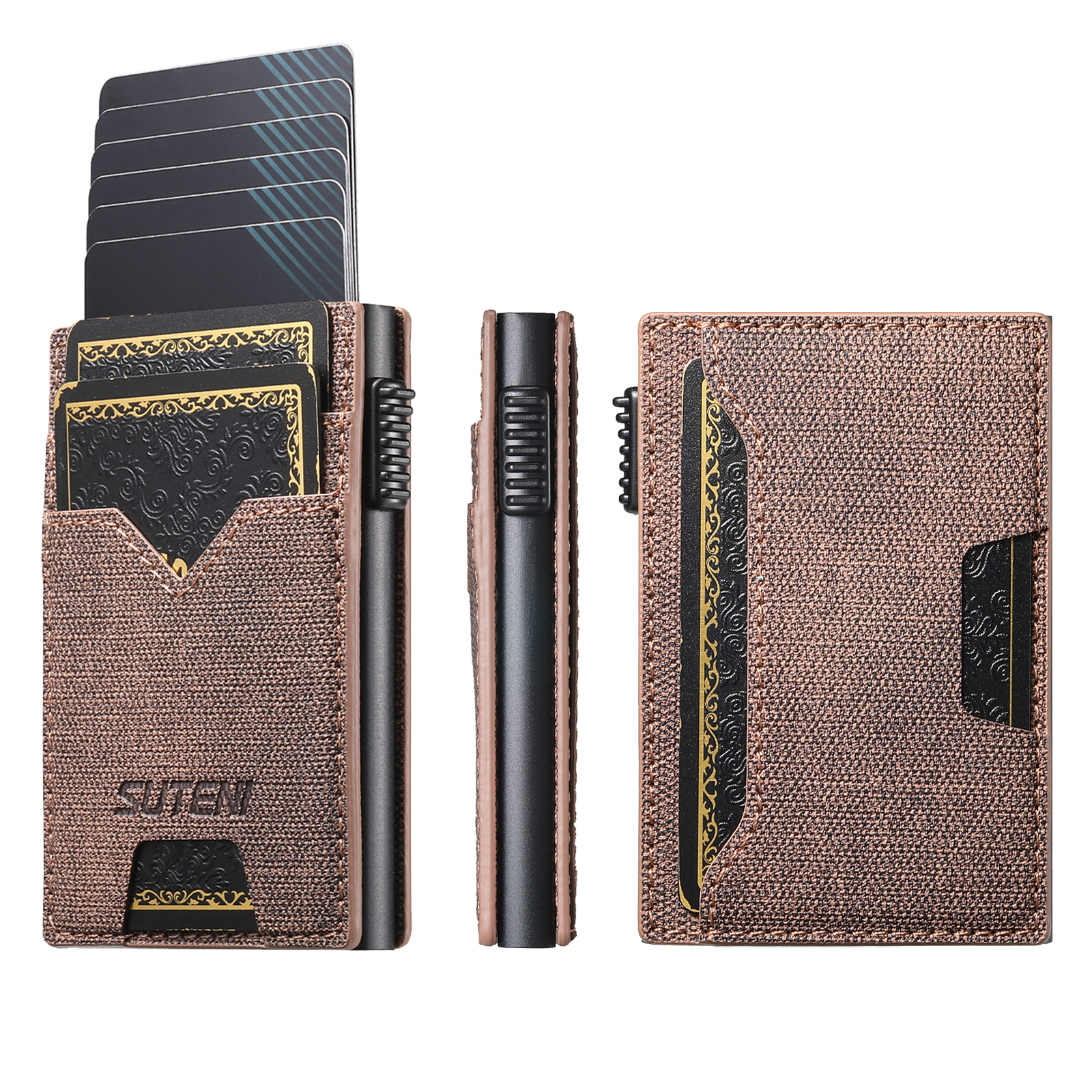 SUTENI KH5NZ Card Slot Wallet Faux Leather Card Box Pressing The Button Automatically Ejects The Card