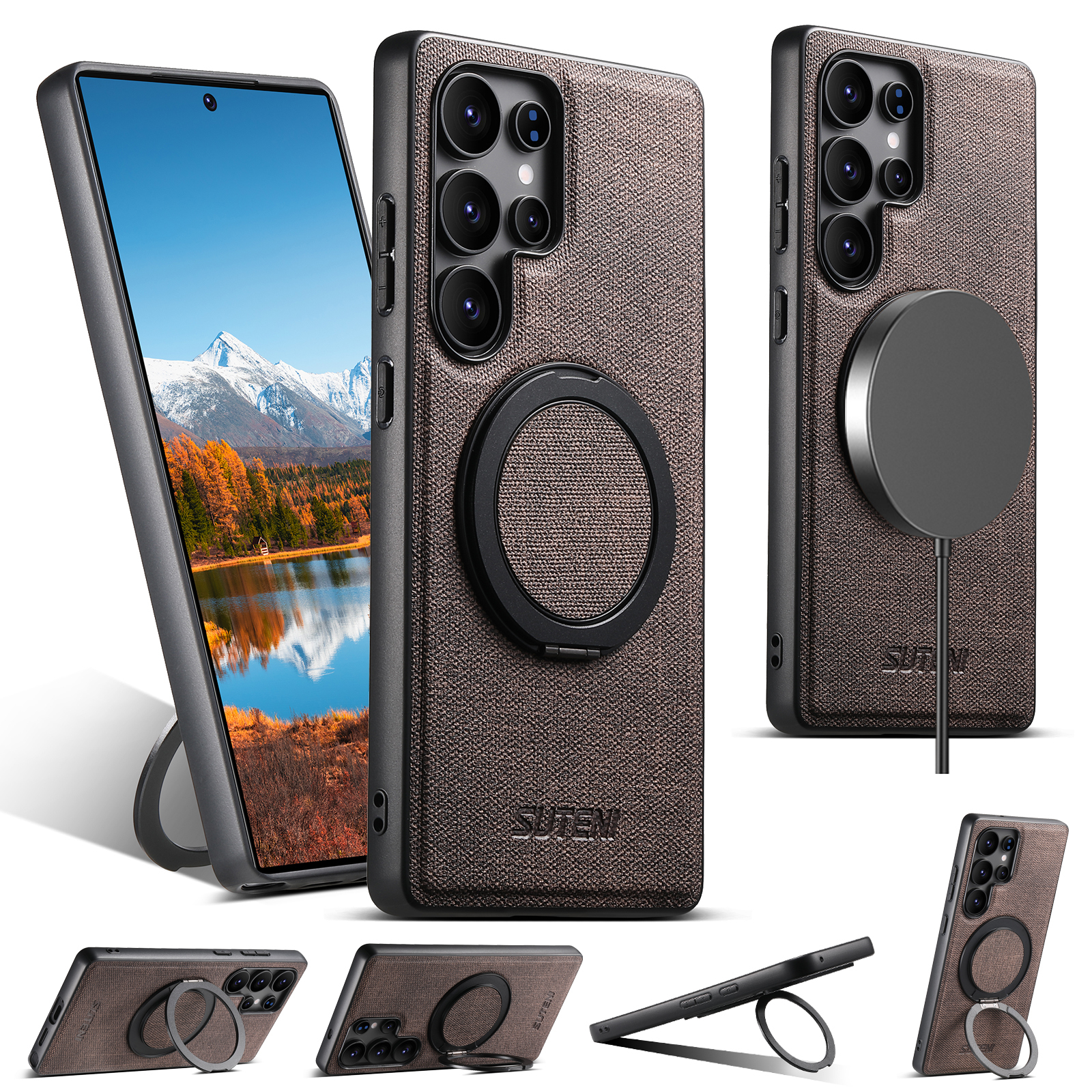 SUTENI G3NZ Magnet Wireless Charging Phone Case Faux Leather 360° Rotating Stand Ring Buckle Frosted Feel For Samsung Galaxy S25Ultra S24 S23 S22