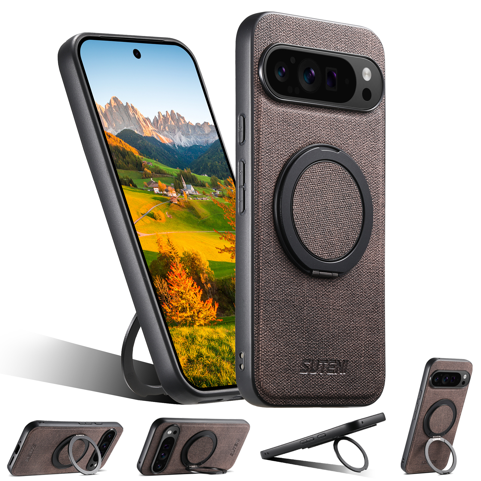 SUTENI G3NZ Faux Leather Magnet Wireless Charging Phone Case 360° Rotating Stand Ring Buckle Frosted Feel For Google Pixel 10ProXL 9 8A 7 6