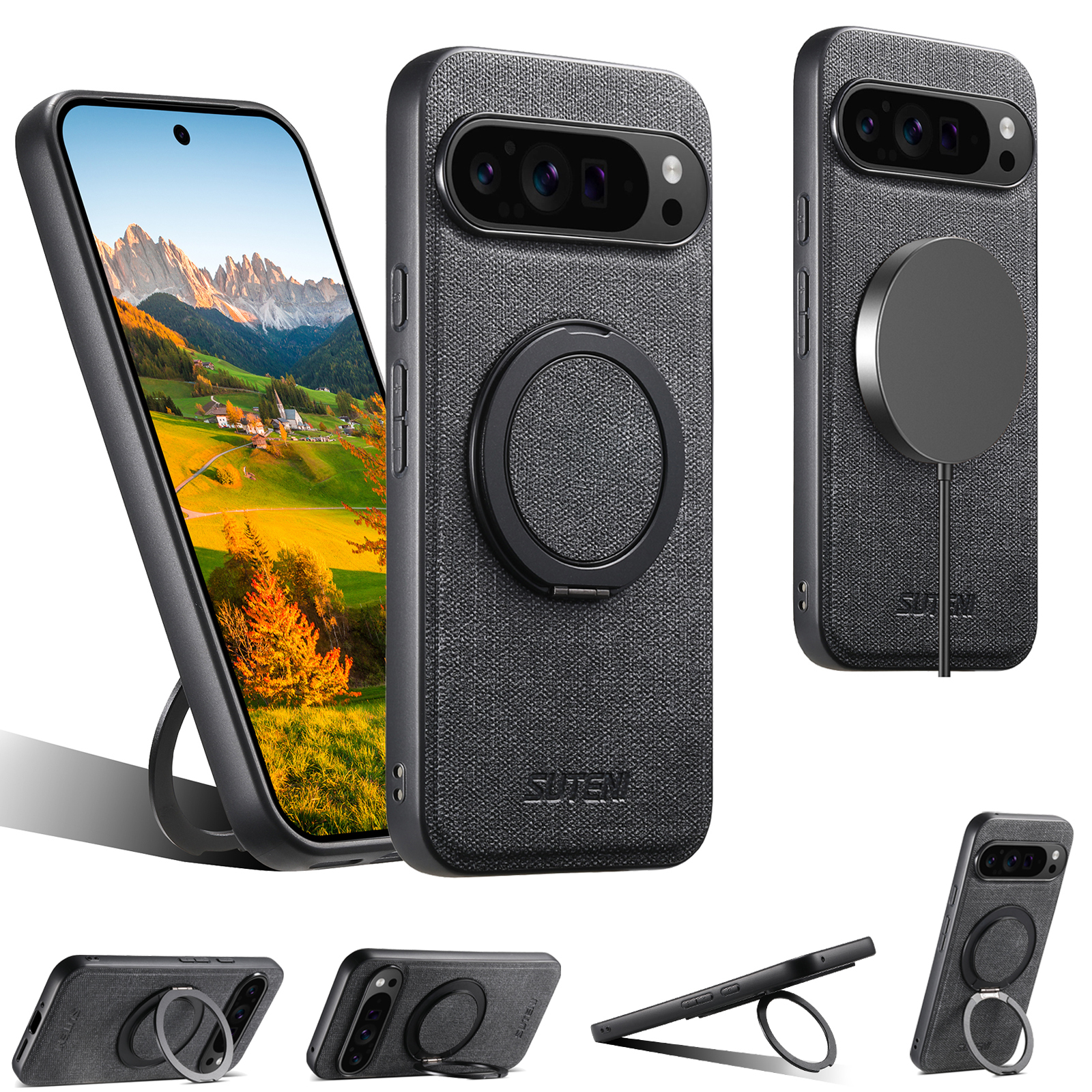SUTENI G3NZ Faux Leather Magnet Wireless Charging Phone Case 360° Rotating Stand Ring Buckle Frosted Feel For Google Pixel 10ProXL 9 8A 7 6