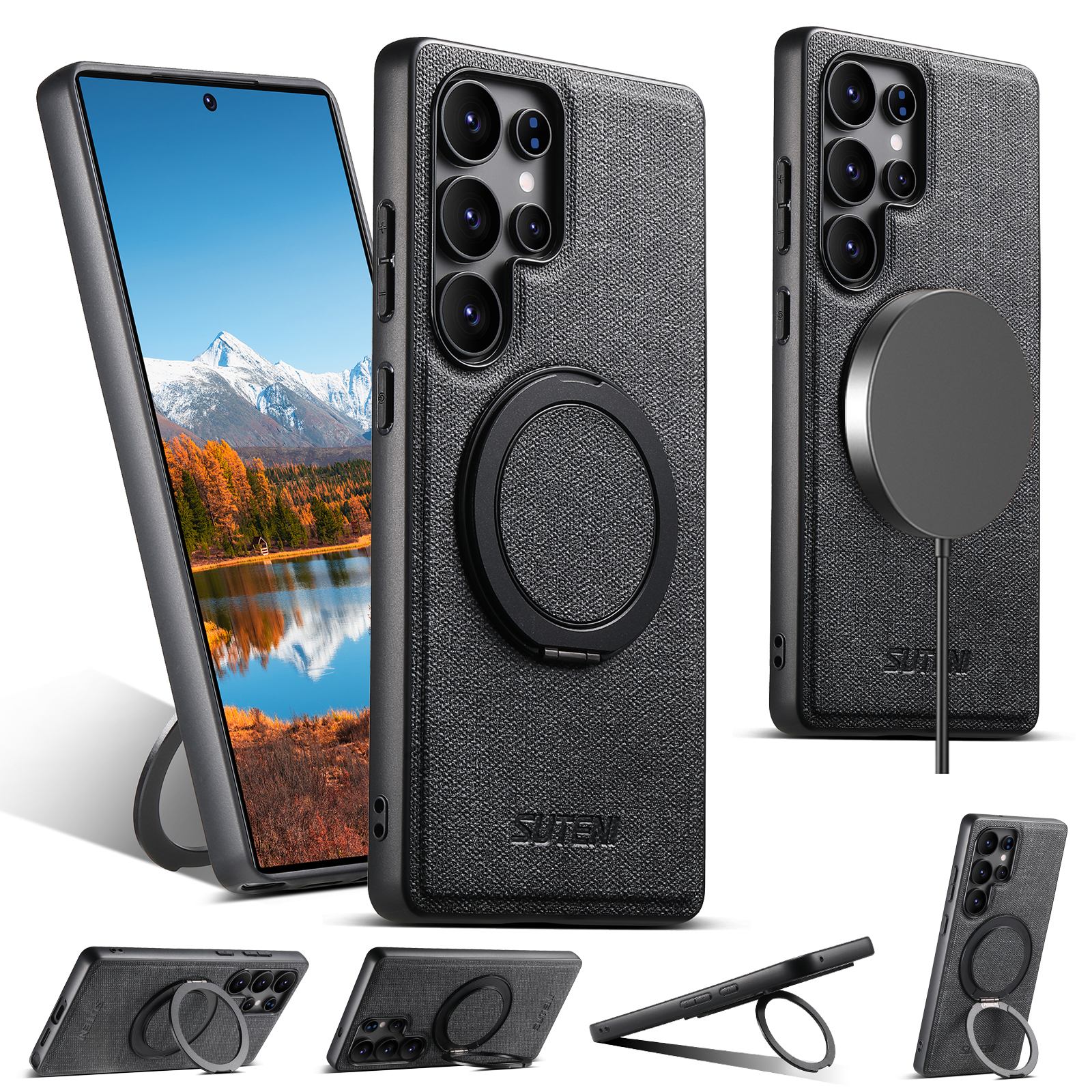 SUTENI G3NZ Magnet Wireless Charging Phone Case Faux Leather 360° Rotating Stand Ring Buckle Frosted Feel For Samsung Galaxy S25Ultra S24 S23 S22