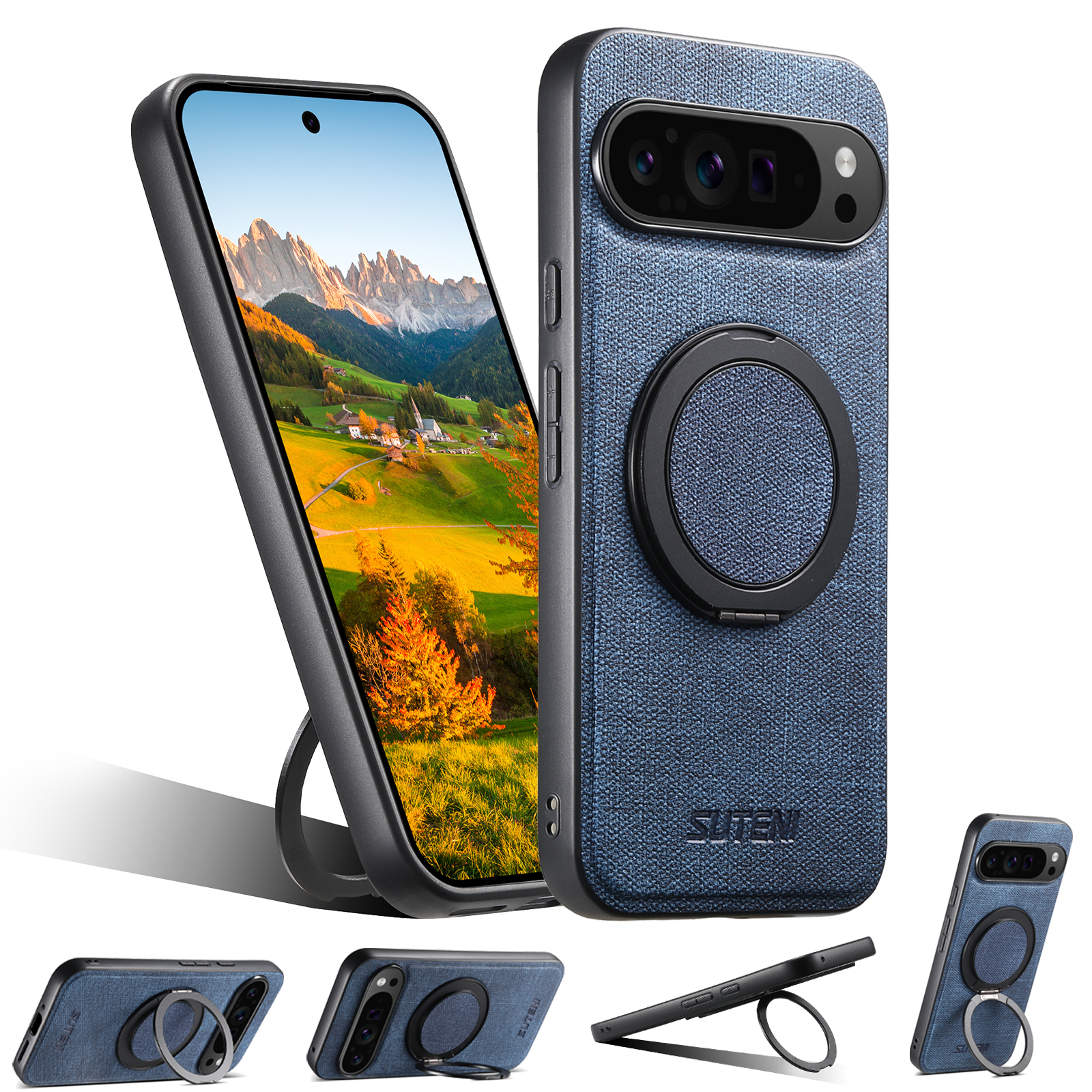 SUTENI G3NZ Faux Leather Magnet Wireless Charging Phone Case 360° Rotating Stand Ring Buckle Frosted Feel For Google Pixel 10ProXL 9 8A 7 6